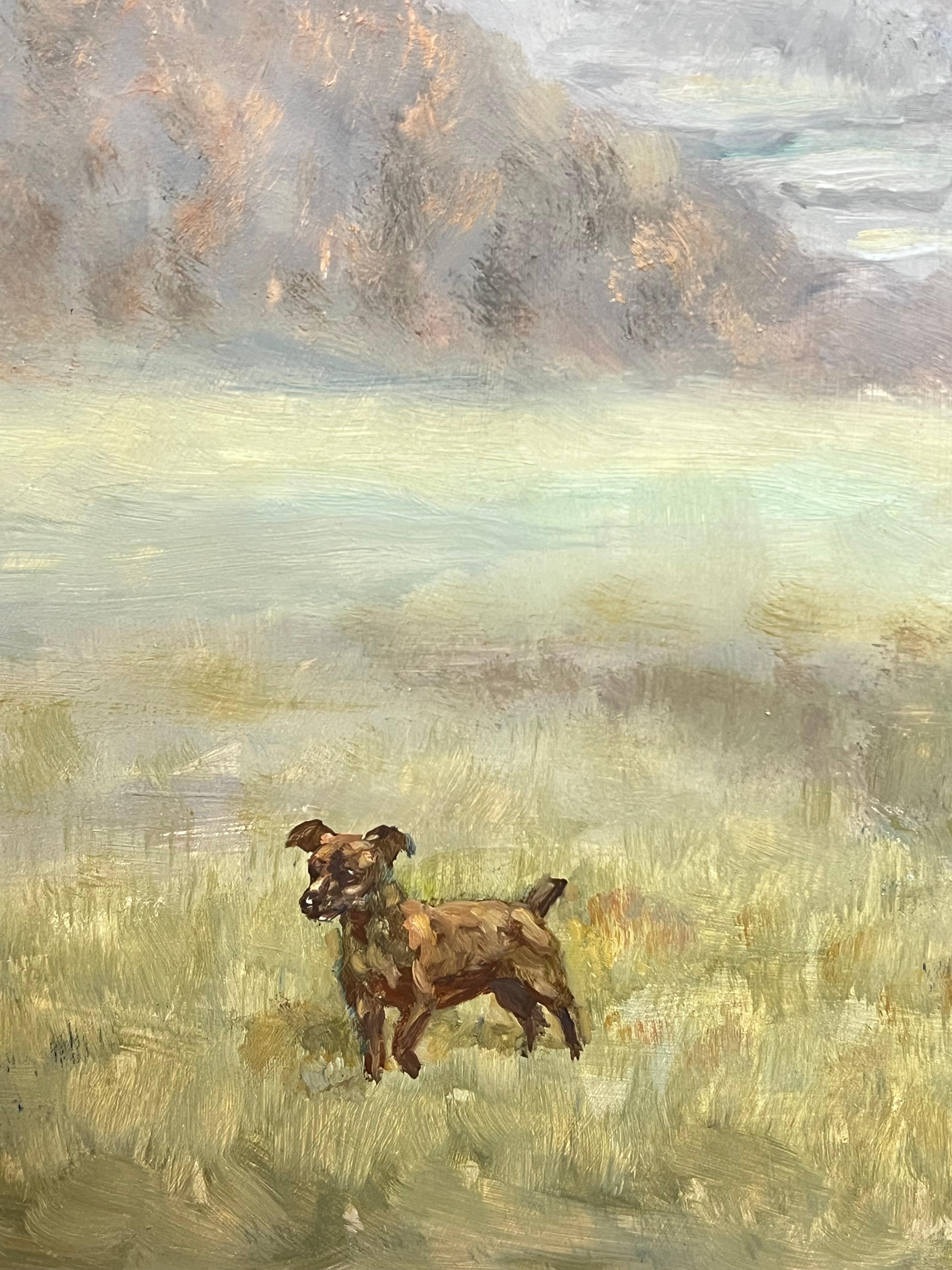Vintage English Portrait of Horse & Terrier Dog in Countryside Oil Painting 2