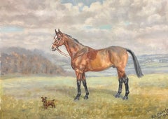 Vintage English Portrait of Horse & Terrier Dog in Countryside Oil Painting