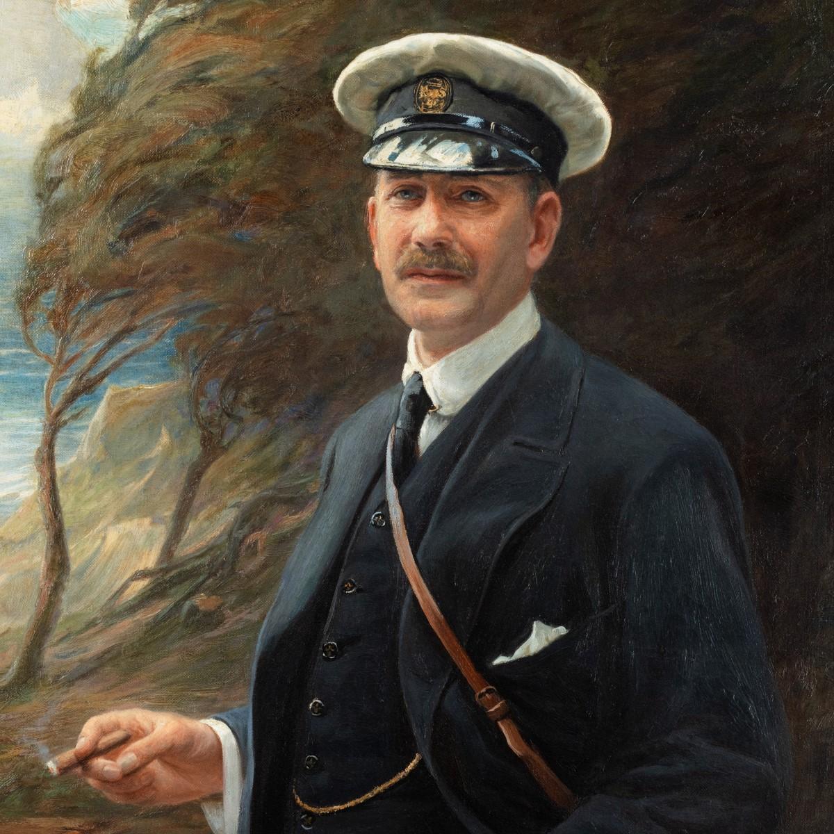 This three-quarter length oil on canvas portrait shows Major Sloane-Stanley in a landscape by the sea. He is smoking a cigar and wearing a Royal Yacht Squadron cap. Signed lower left ‘G Hillyard Swinstead 1916’ the reverse inscribed in pencil ‘Major