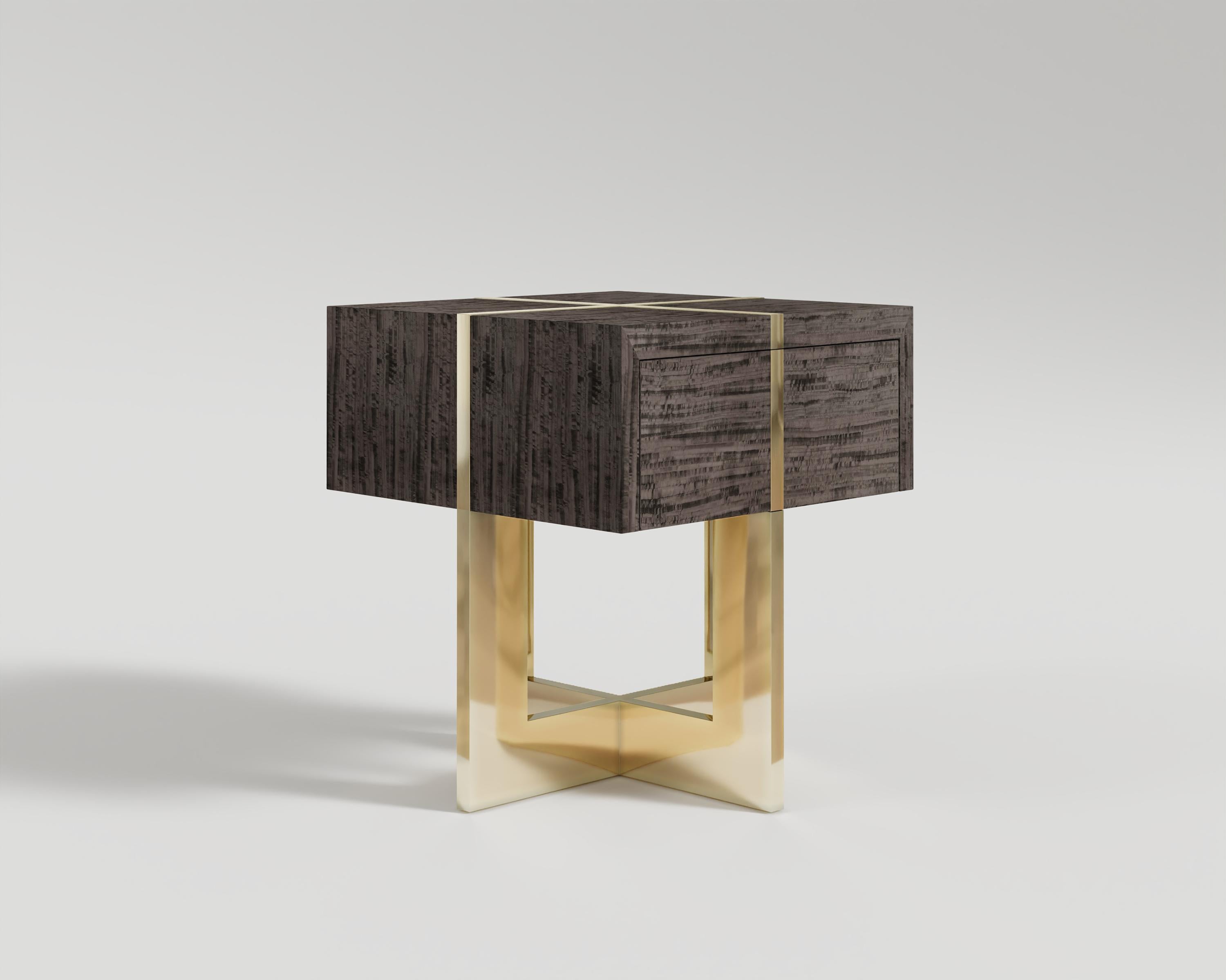 Modern Majoré Side Table with Drawer in Eucalyptus and Polished Bronze For Sale