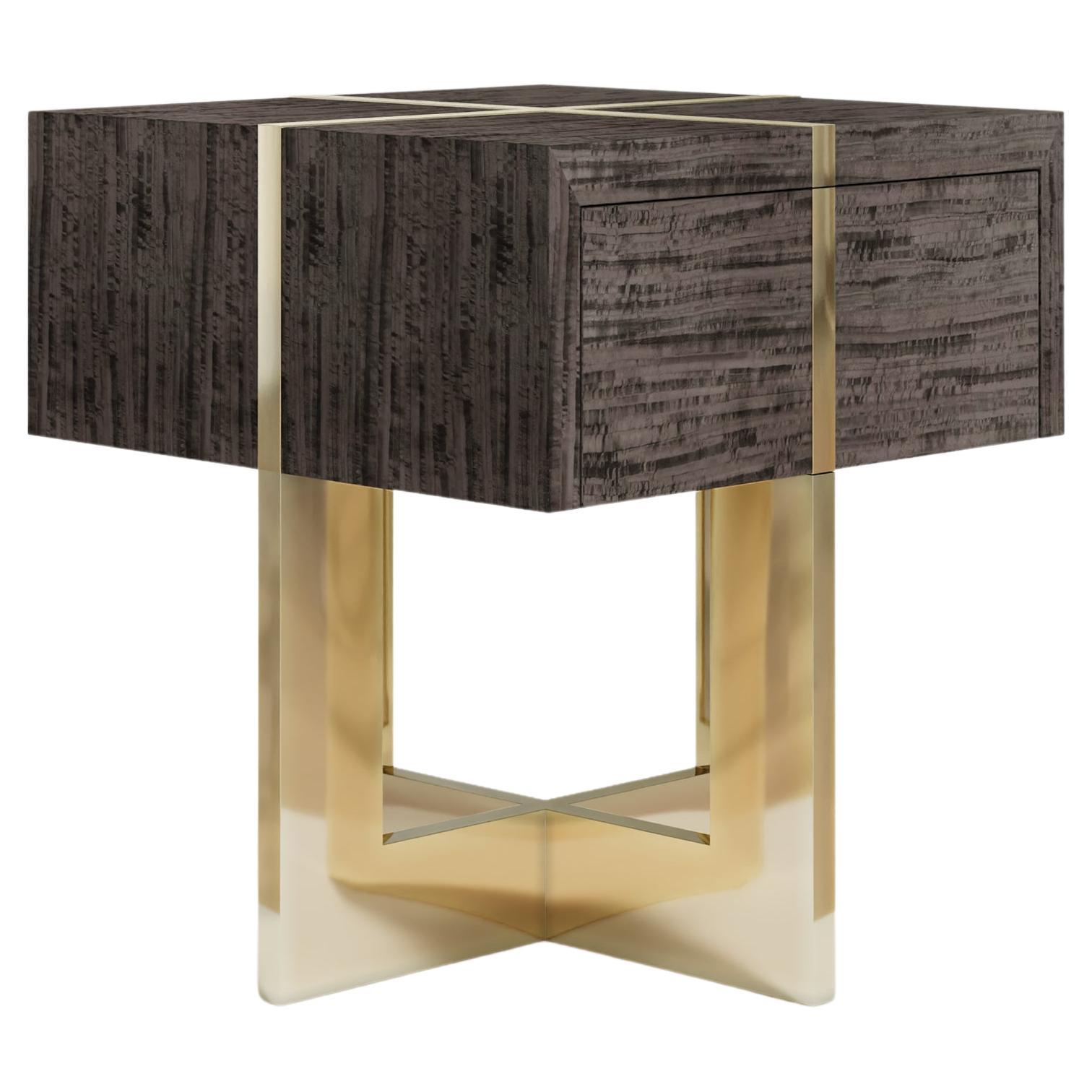 Majoré Side Table with Drawer in Eucalyptus and Polished Bronze For Sale
