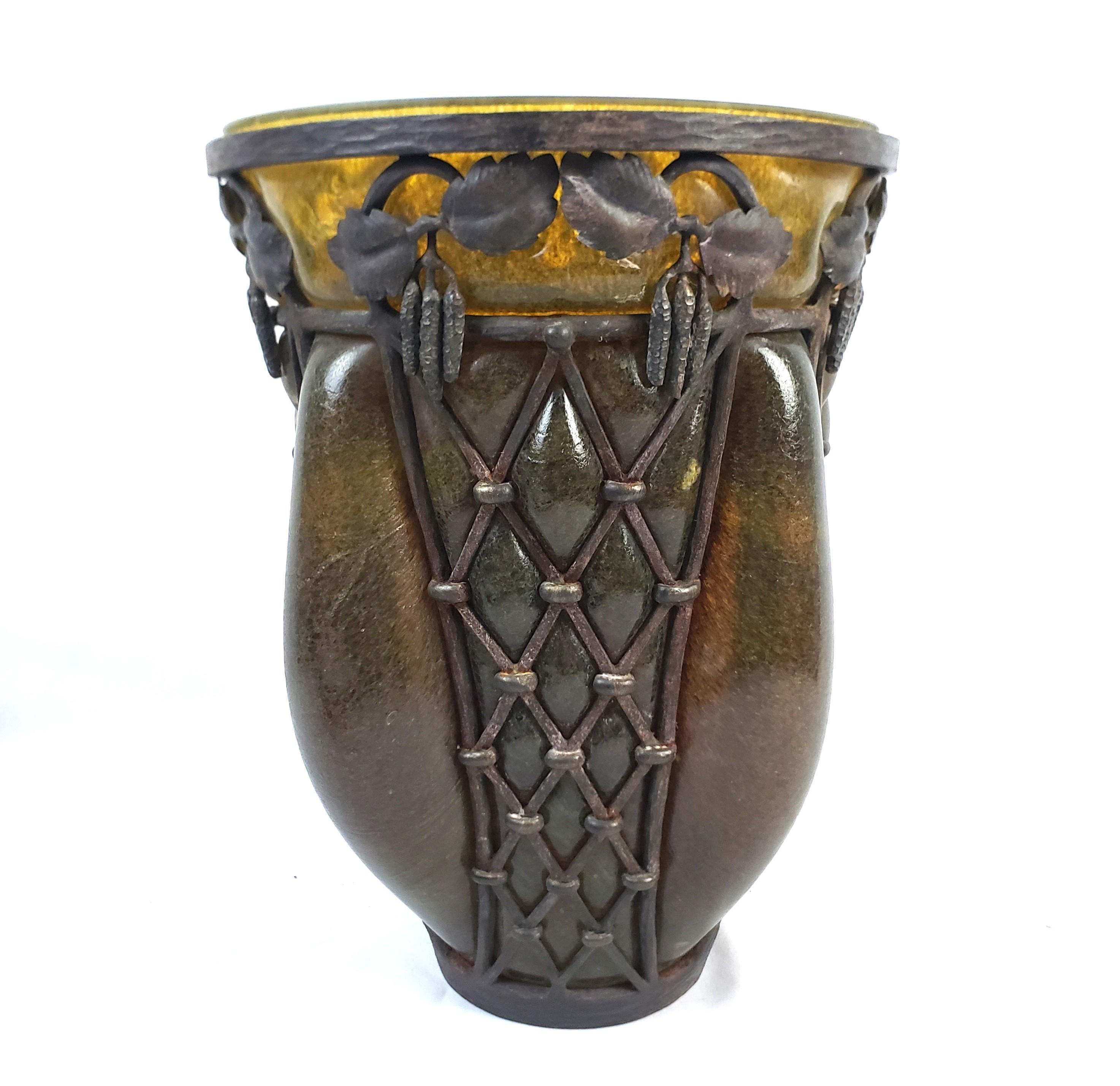 French Majorelle & Daum Nancy Signed Large Antique Art Deco Deep Amber Art Glass Vase For Sale