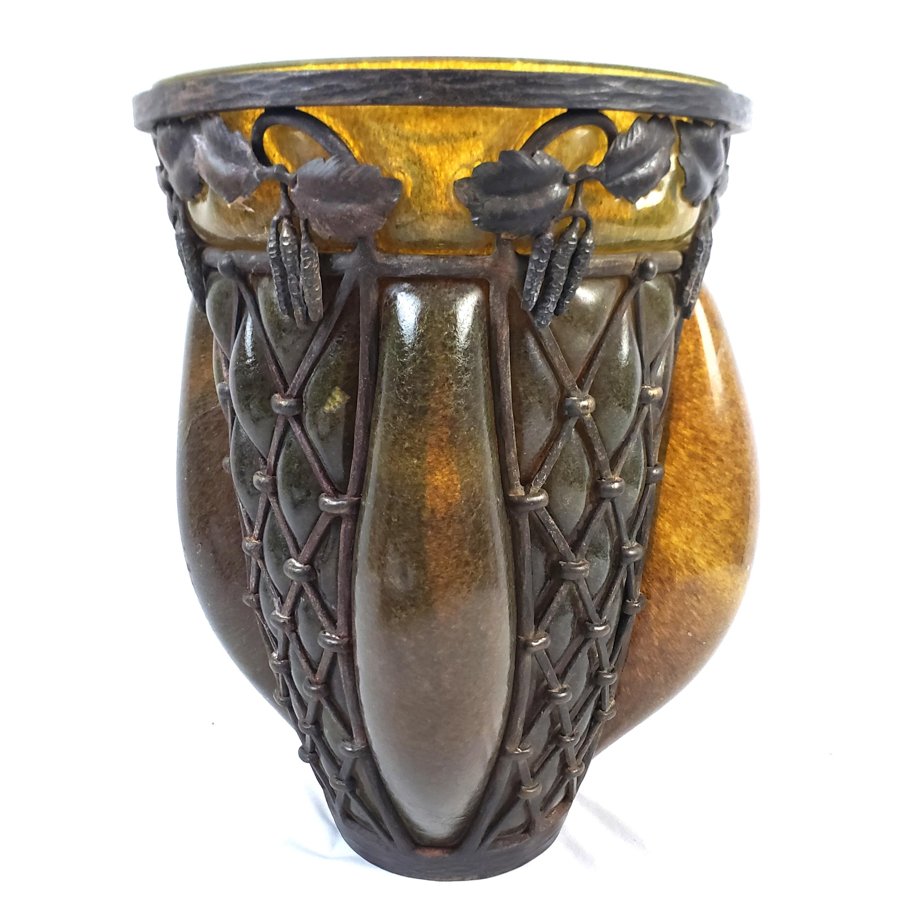 Hand-Crafted Majorelle & Daum Nancy Signed Large Antique Art Deco Deep Amber Art Glass Vase For Sale