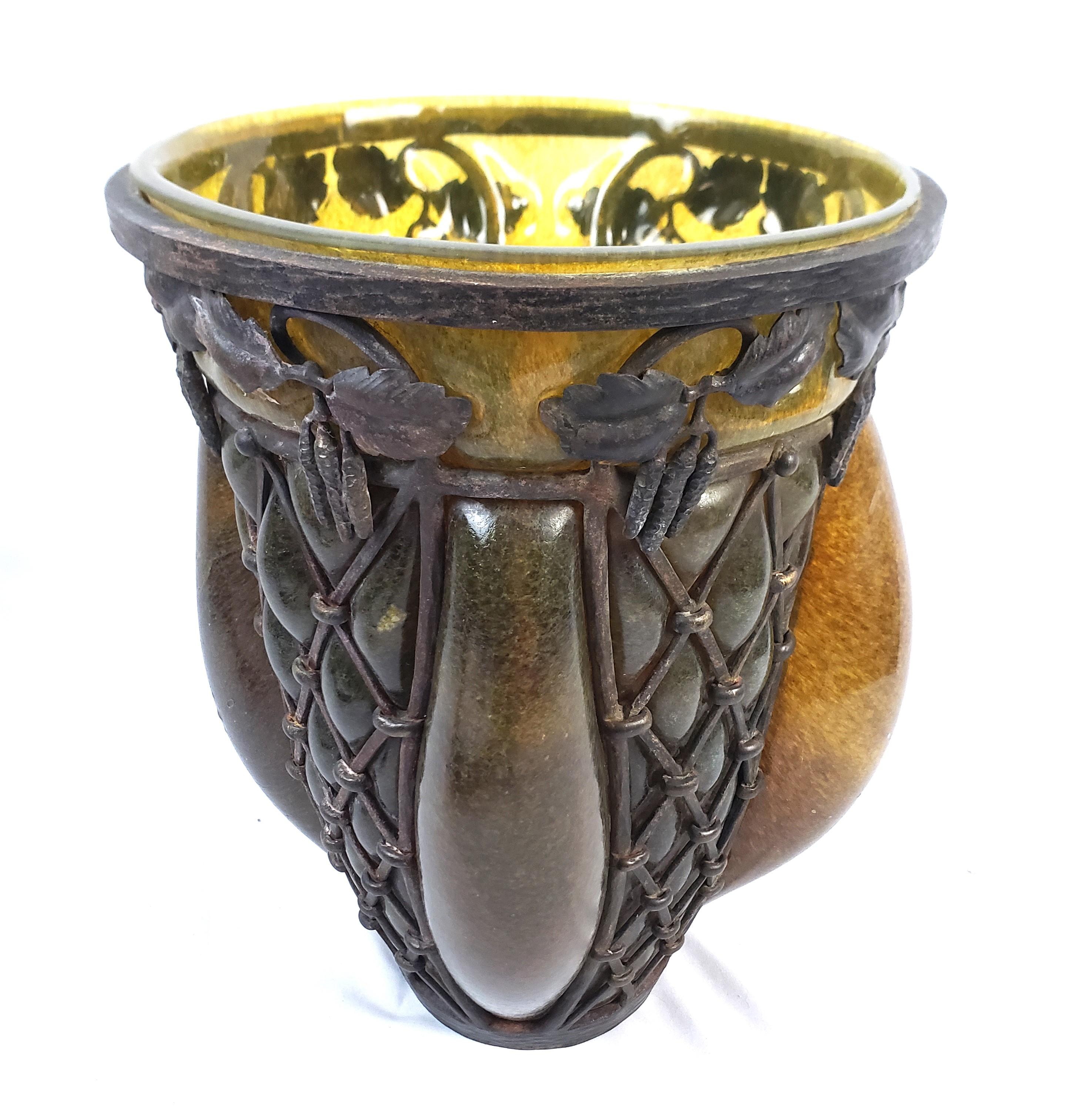 Majorelle & Daum Nancy Signed Large Antique Art Deco Deep Amber Art Glass Vase In Good Condition For Sale In Hamilton, Ontario