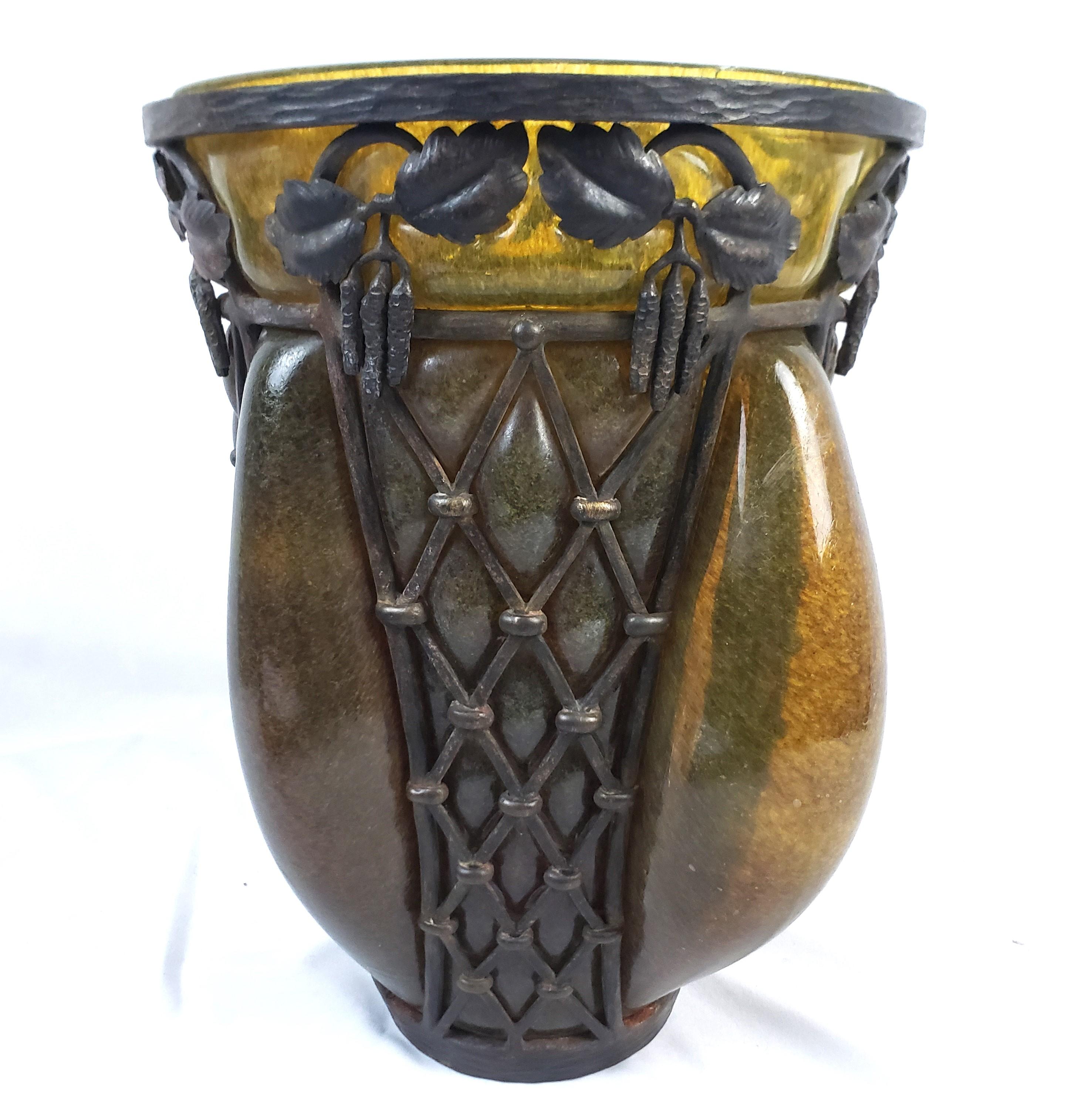 Wrought Iron Majorelle & Daum Nancy Signed Large Antique Art Deco Deep Amber Art Glass Vase For Sale