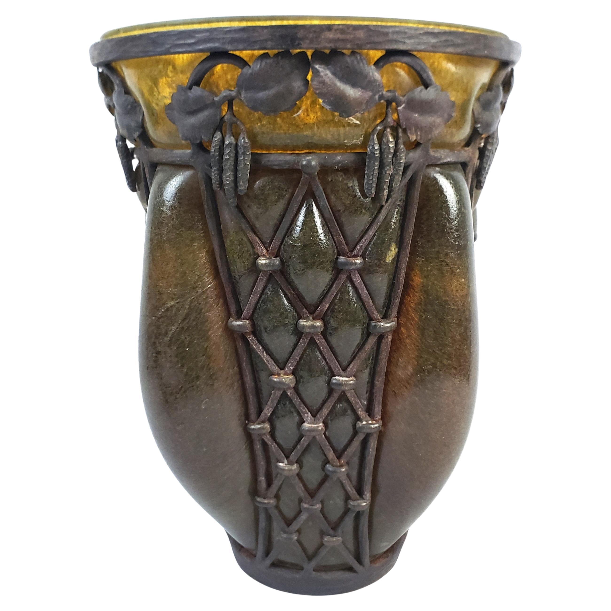 Majorelle & Daum Nancy Signed Large Antique Art Deco Deep Amber Art Glass Vase For Sale