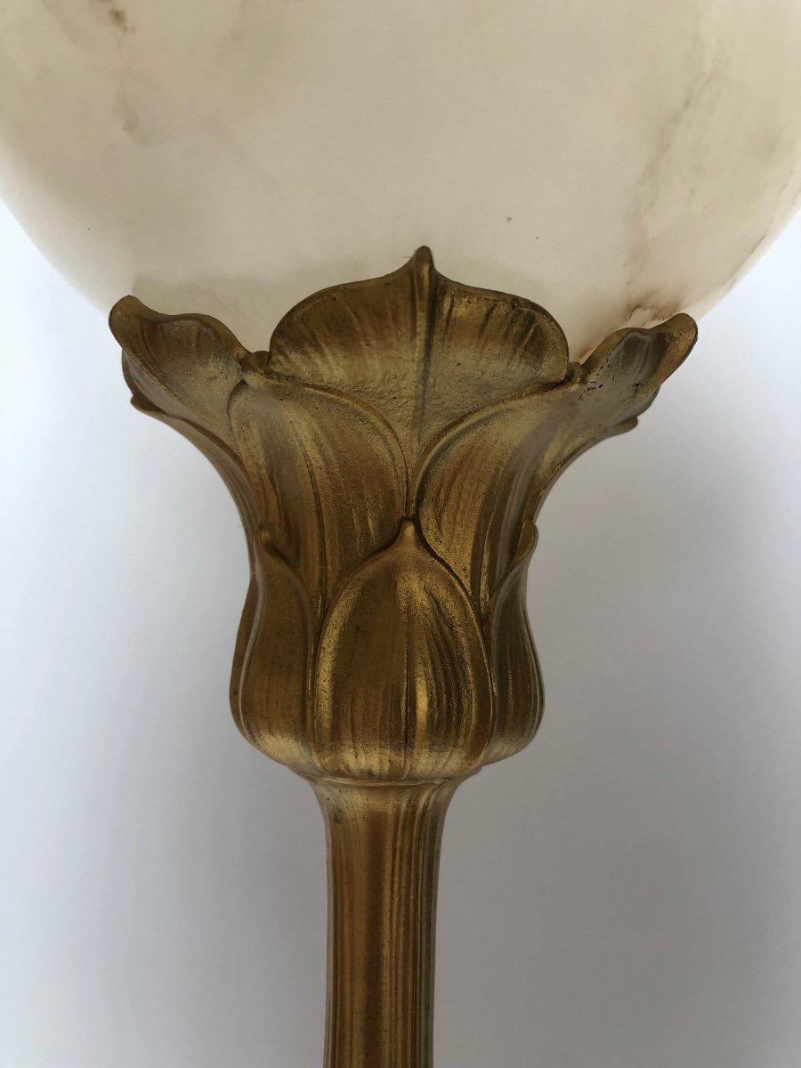 20th Century Majorelle Exceptional and Rare Art Nouveau Bronze and Alabaster Lamp For Sale