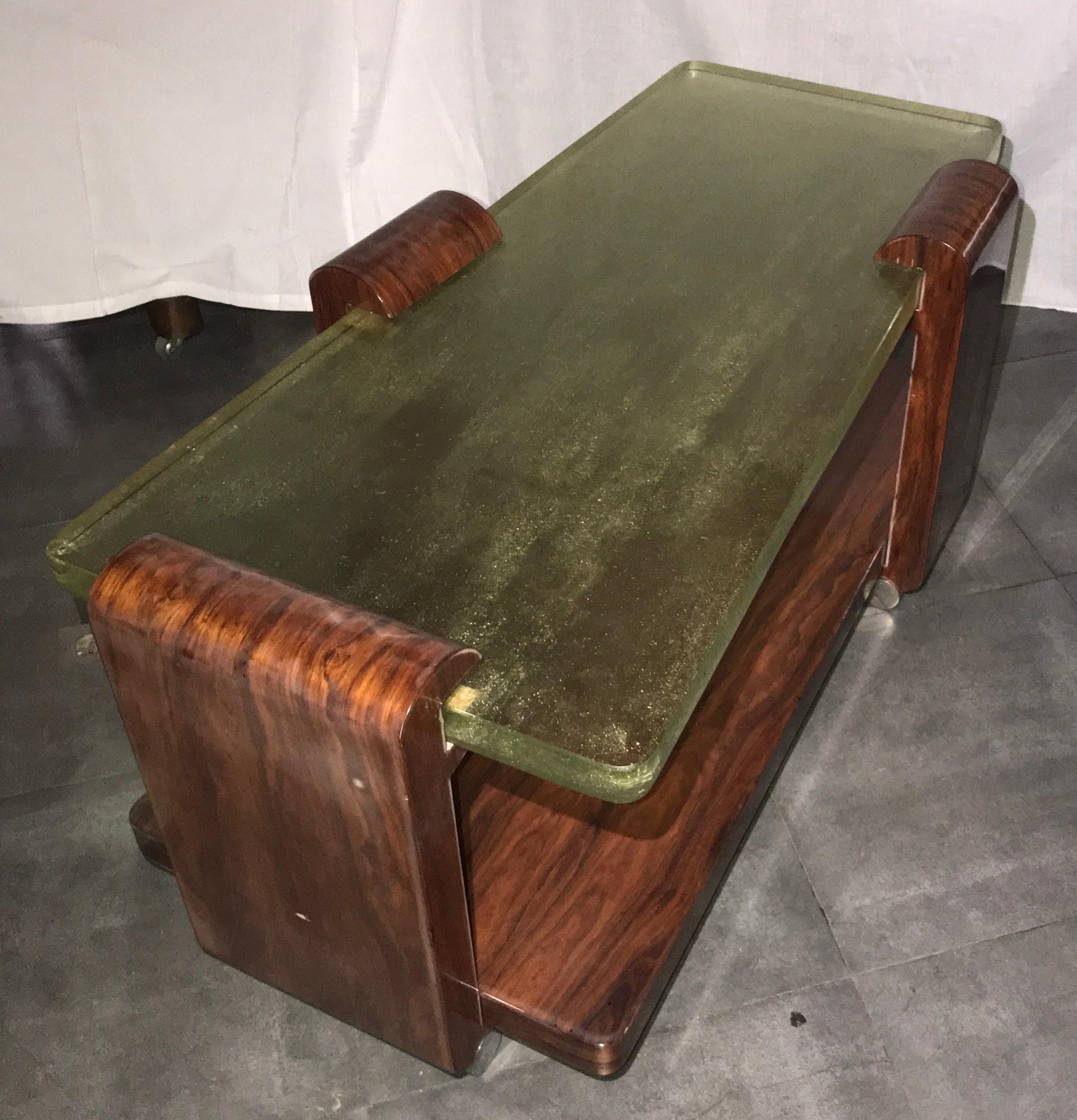 Majorelle Nancy Signed Art Deco Rosewood Coffee Table, Saint Gobain Glass Top In Good Condition For Sale In Aix En Provence, FR