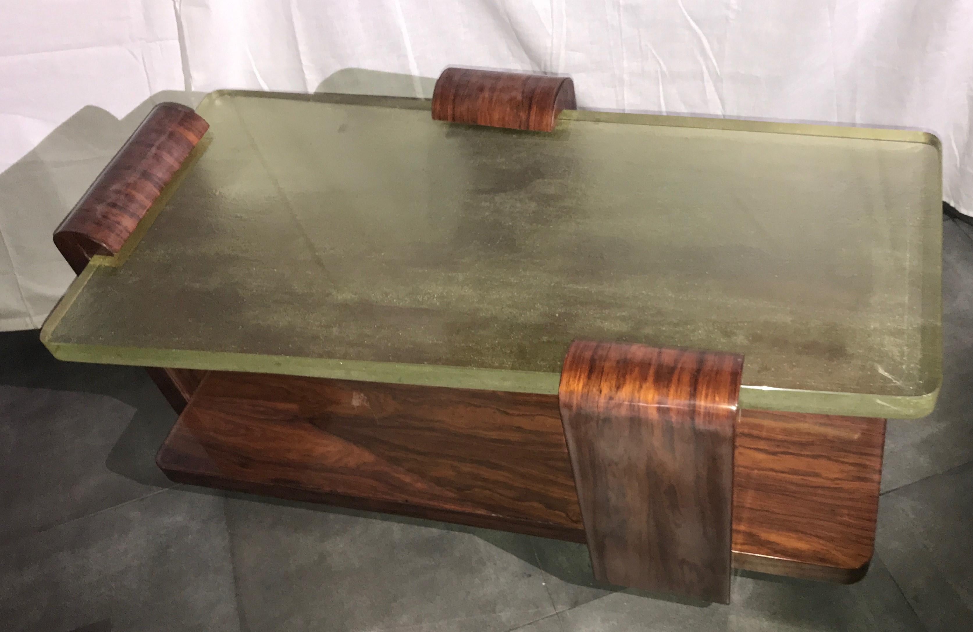 Early 20th Century Majorelle Nancy Signed Art Deco Rosewood Coffee Table, Saint Gobain Glass Top For Sale
