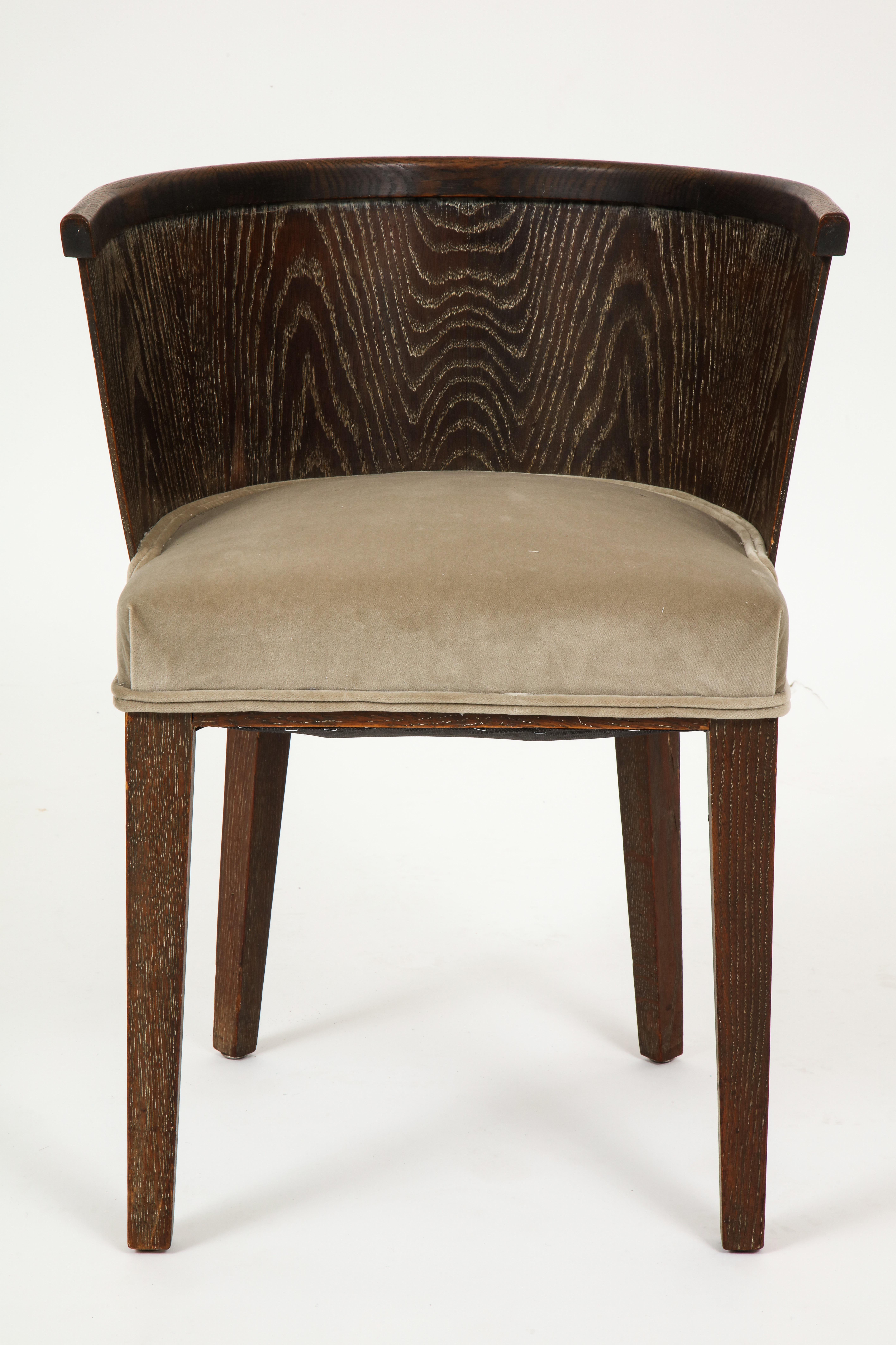 Majorelle Six Grey Cerused Oak Brown Barrel Chairs Art Deco, France, 1930s-1940s 3