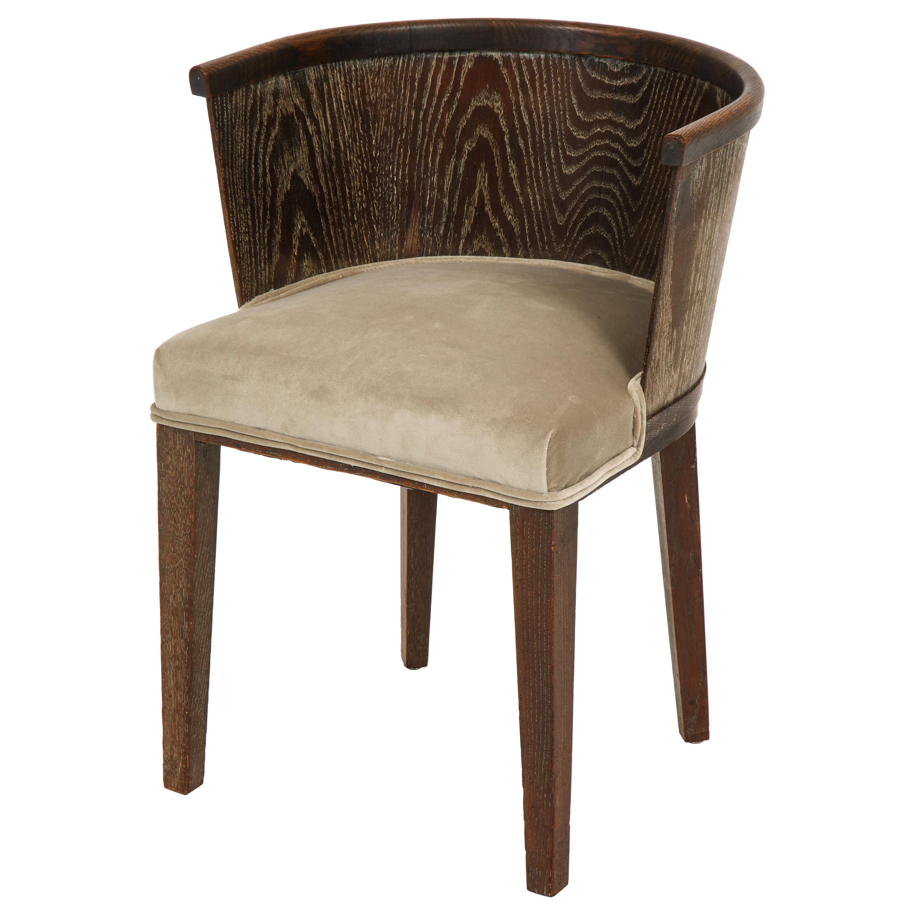 Majorelle Six Grey Cerused Oak Brown Barrel Chairs Art Deco, France, 1930s-1940s
