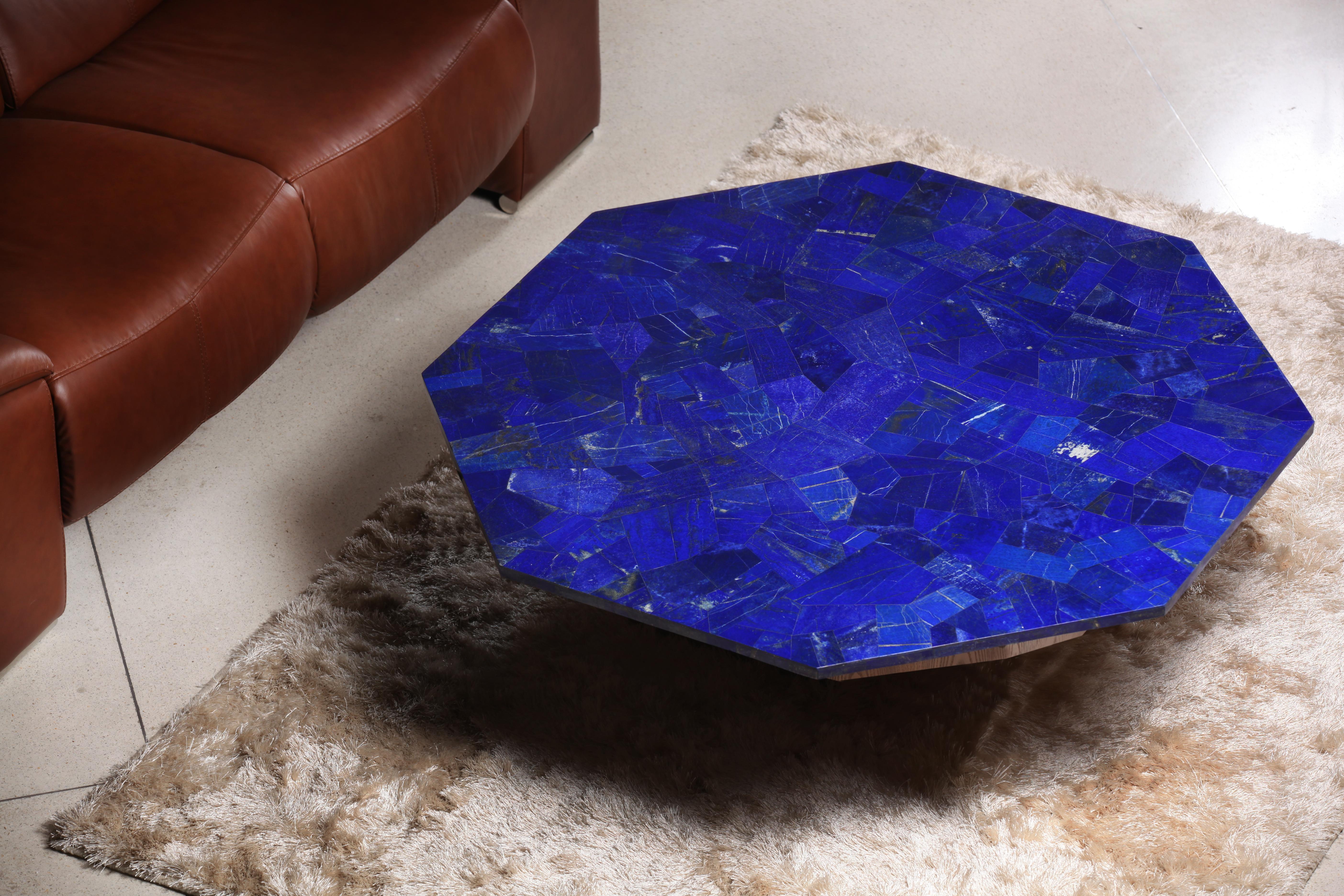 Majorelle Nesting Tables by Studio Lel
Dimensions: D 107 x W 107 x H 41 cm 
Materials:Lapis Lazuli, brass.

Taking its name from the Majorelle Garden in Marrakech, which was painted entirely by Jacques Majorelle in his signature rich shade of lapis