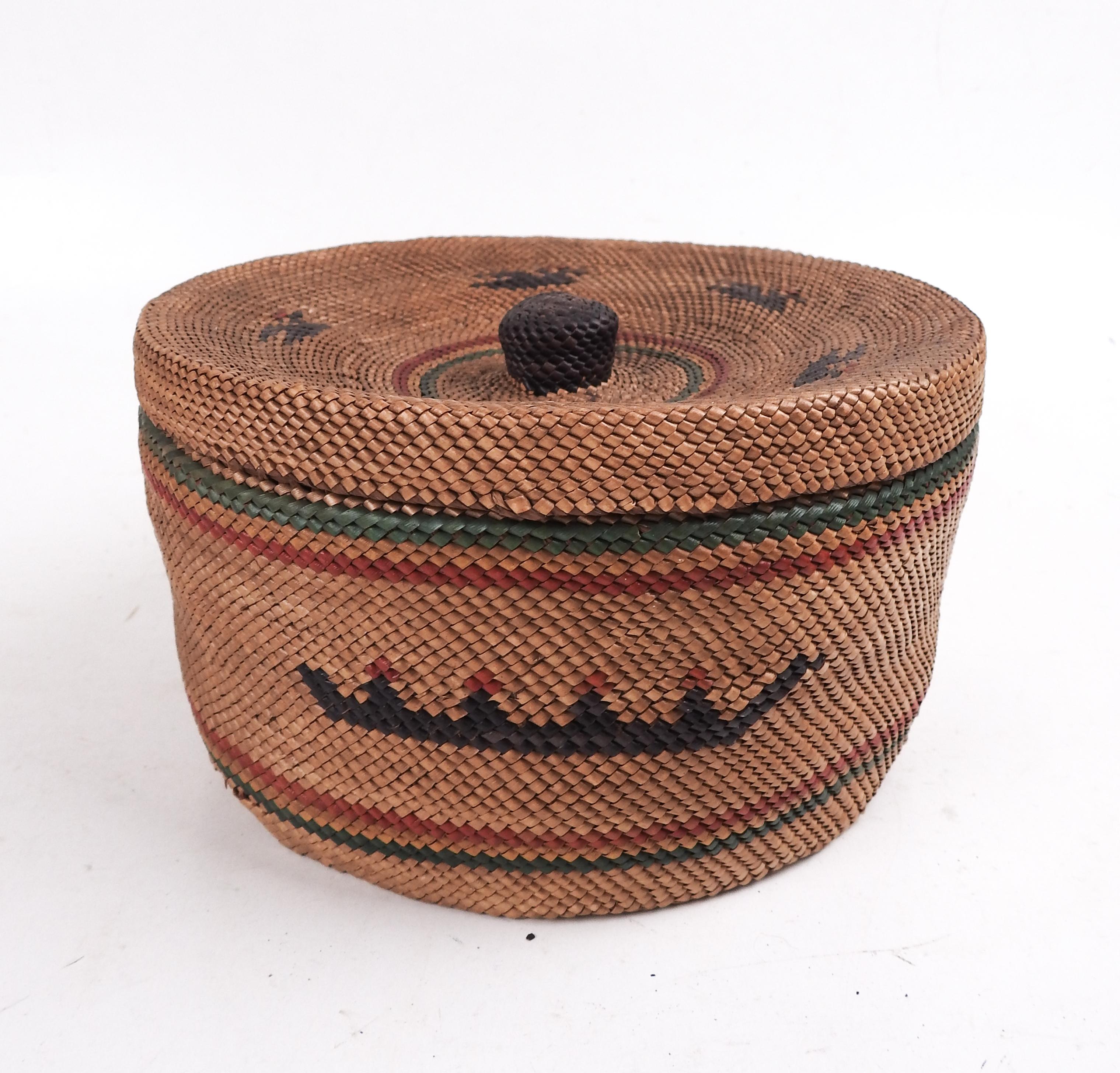 Native American Makah Lidded Basket Whale Whaling Motif For Sale