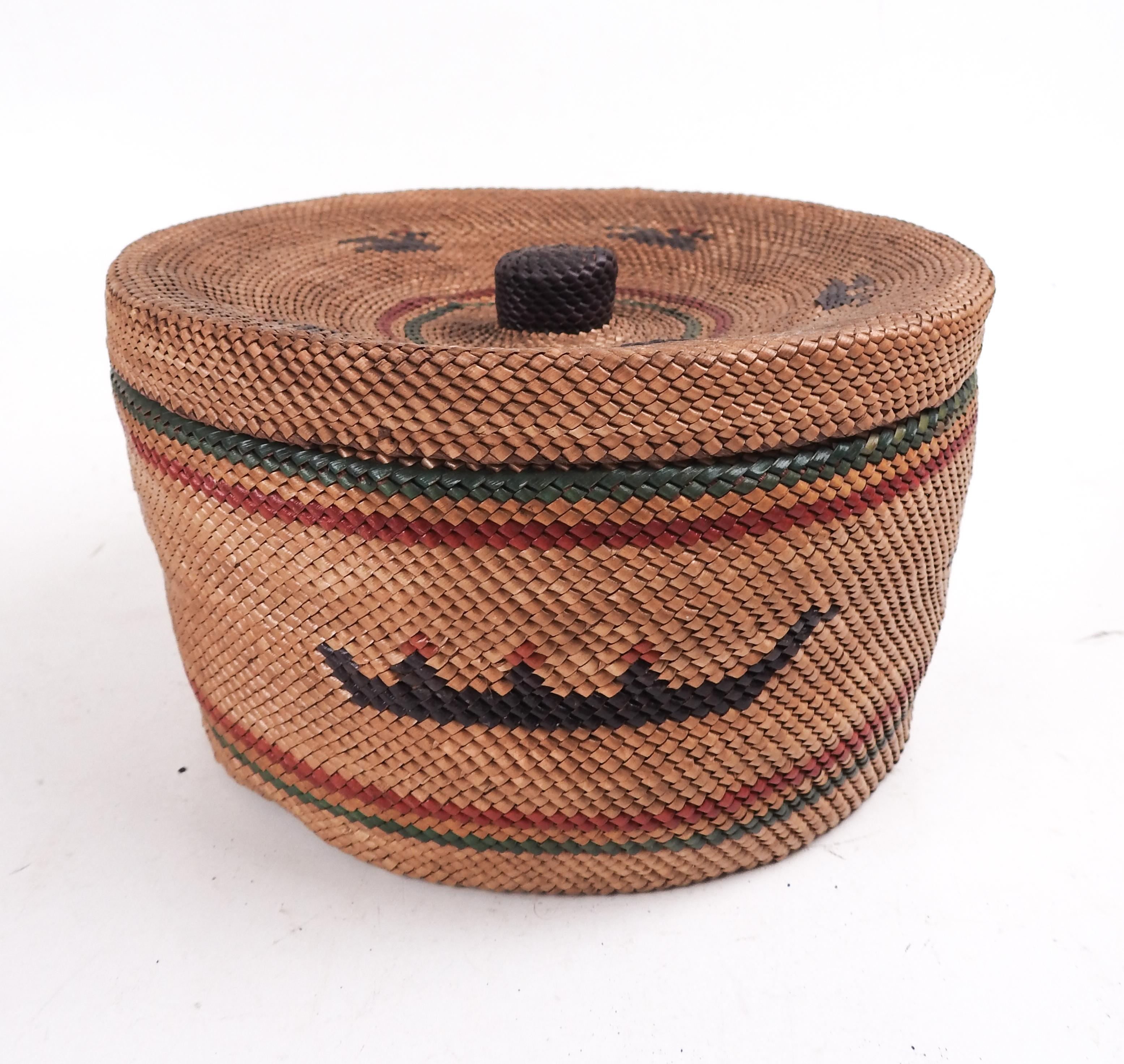 American Makah Lidded Basket Whale Whaling Motif For Sale