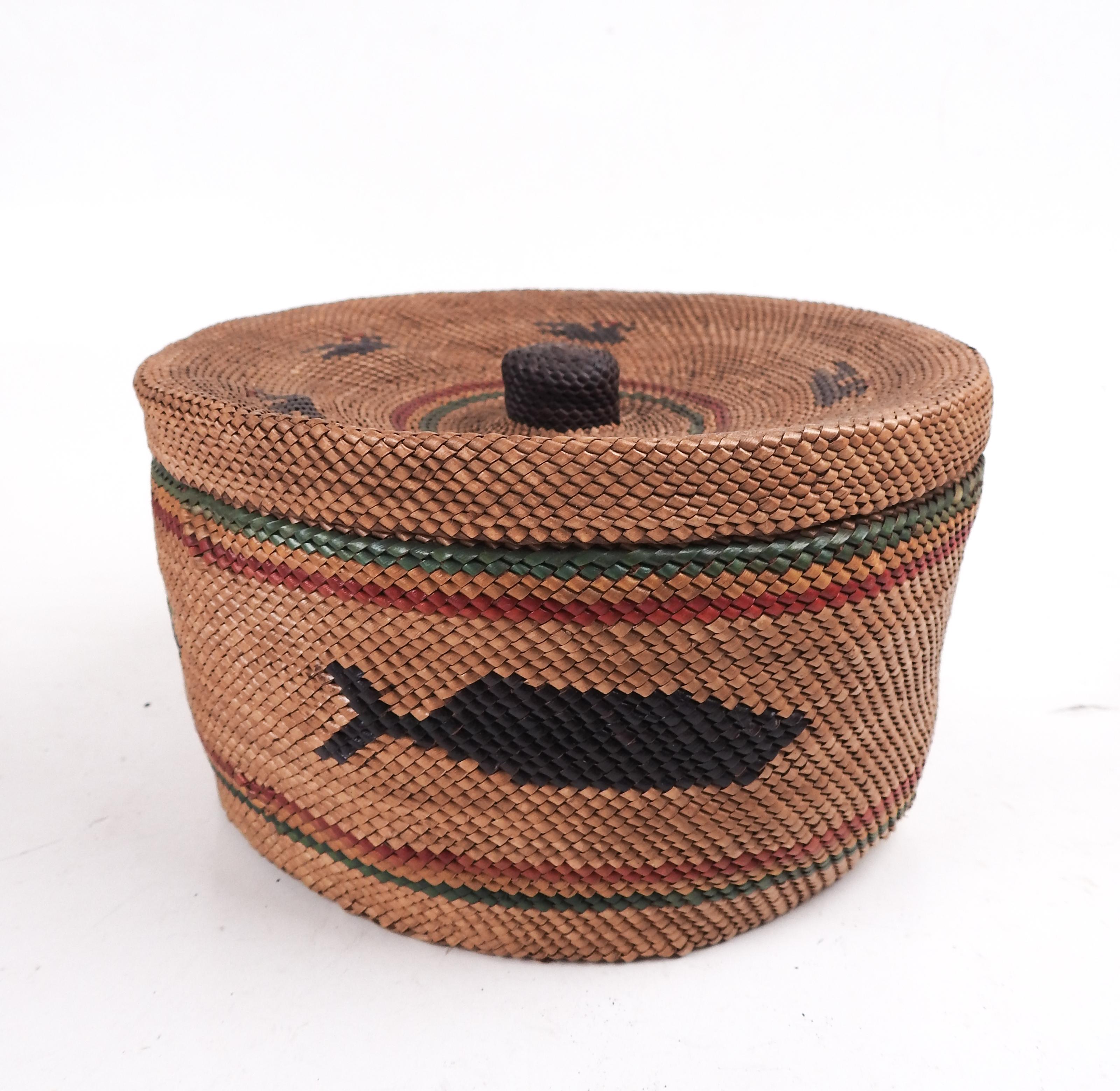 Hand-Woven Makah Lidded Basket Whale Whaling Motif For Sale