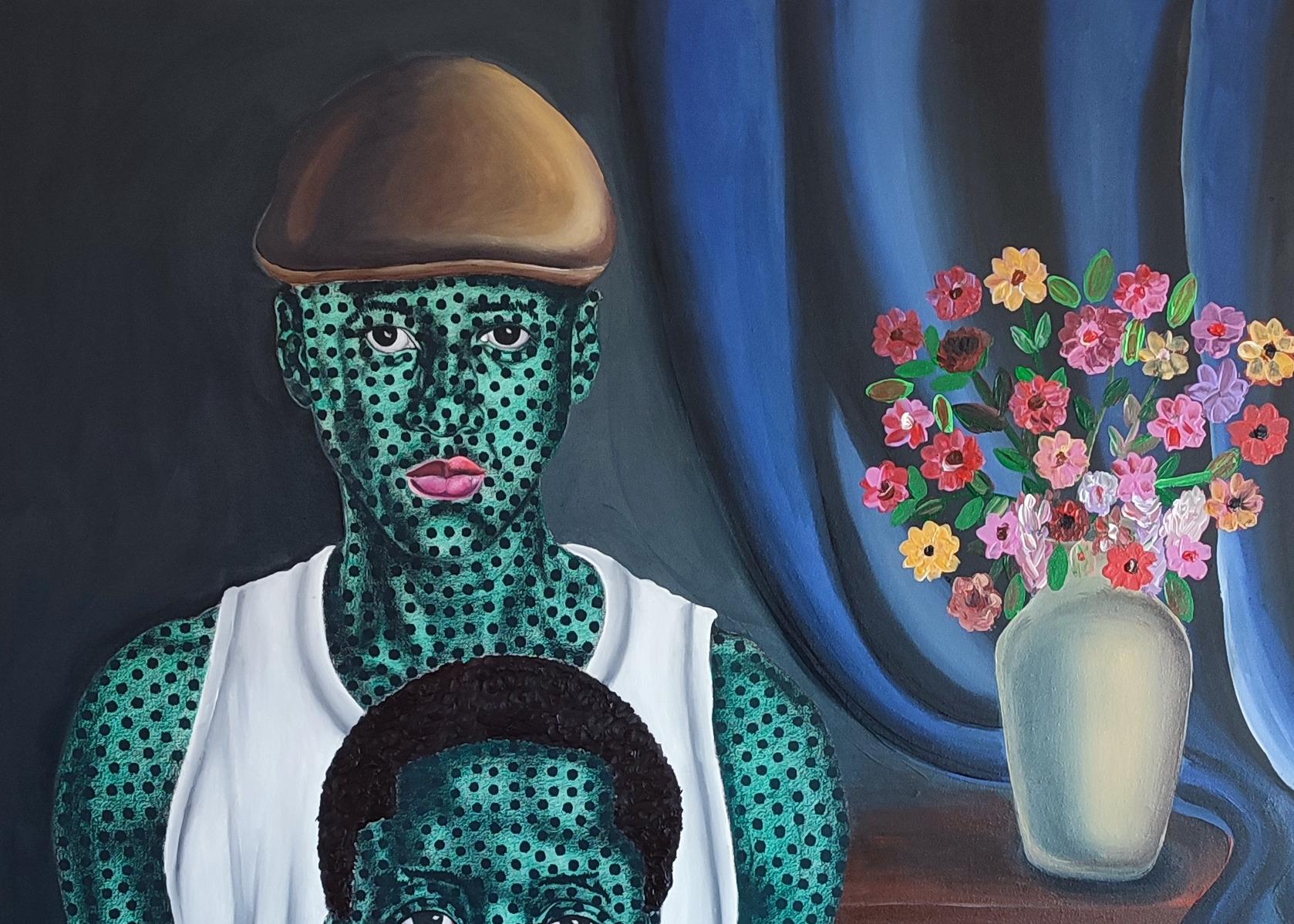 Brother - 21st Century, Contemporary, Figurative, Floral, Men Love, Dotted Green - Conceptual Mixed Media Art by Makama John