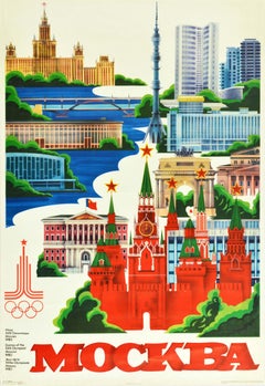 Affiche vintage originale de sport des Jeux olympiques de Moscou de 1980, architecture de la ville de Moscou