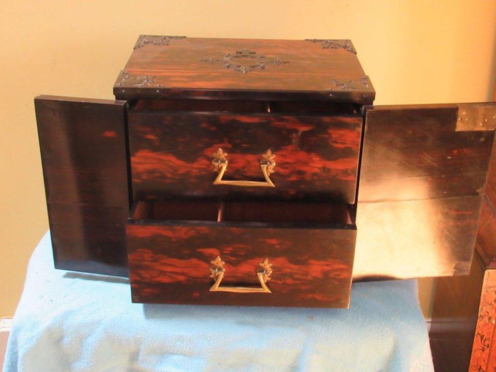 Makassar Ebony English Brassbound Gothic Influence Two-Drawer Cigar Box For Sale 1