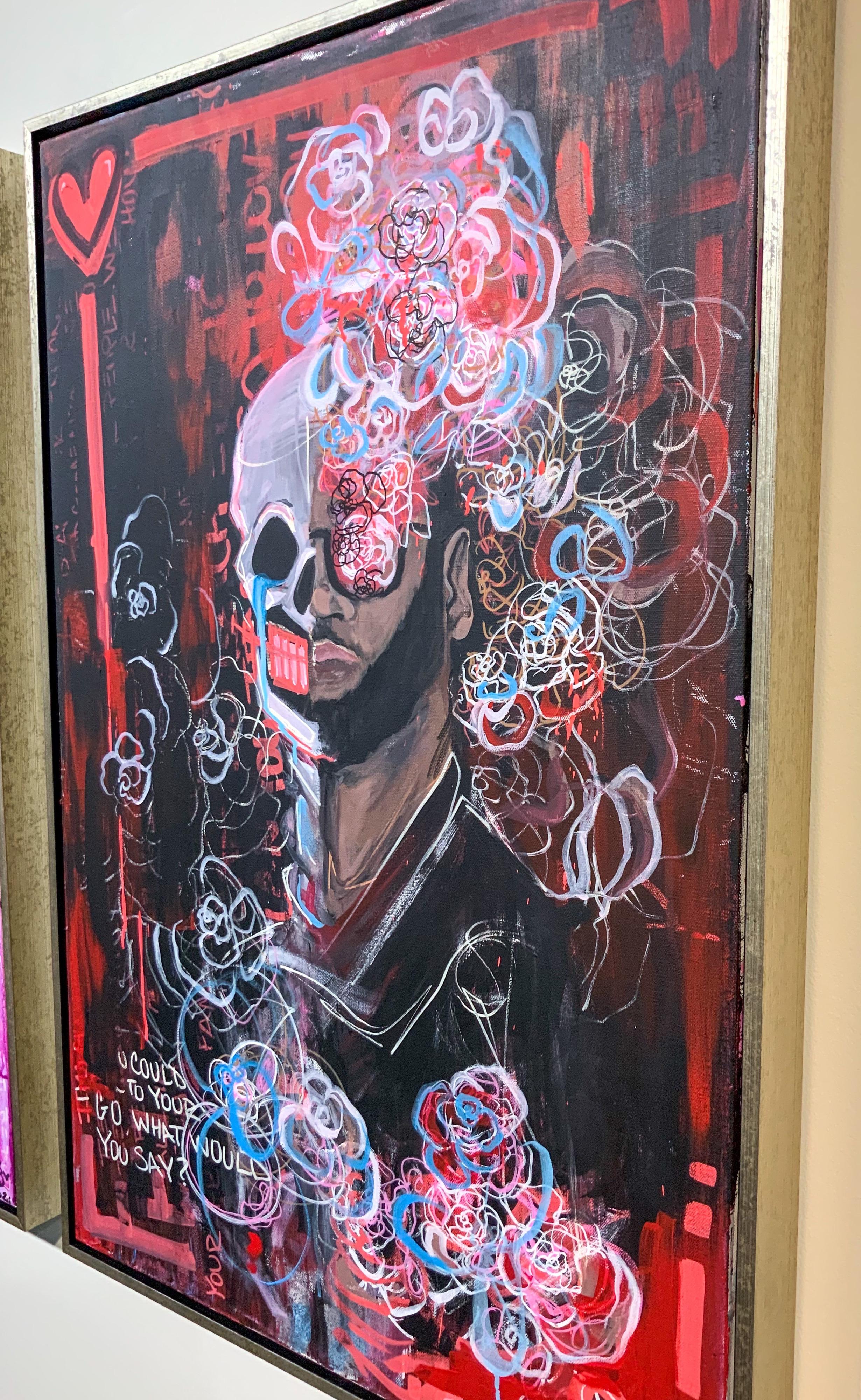 8 of Hearts- Red Tone Abstract Street Art Portrait on Canvas in Frame  - Painting by Makayla Binter 