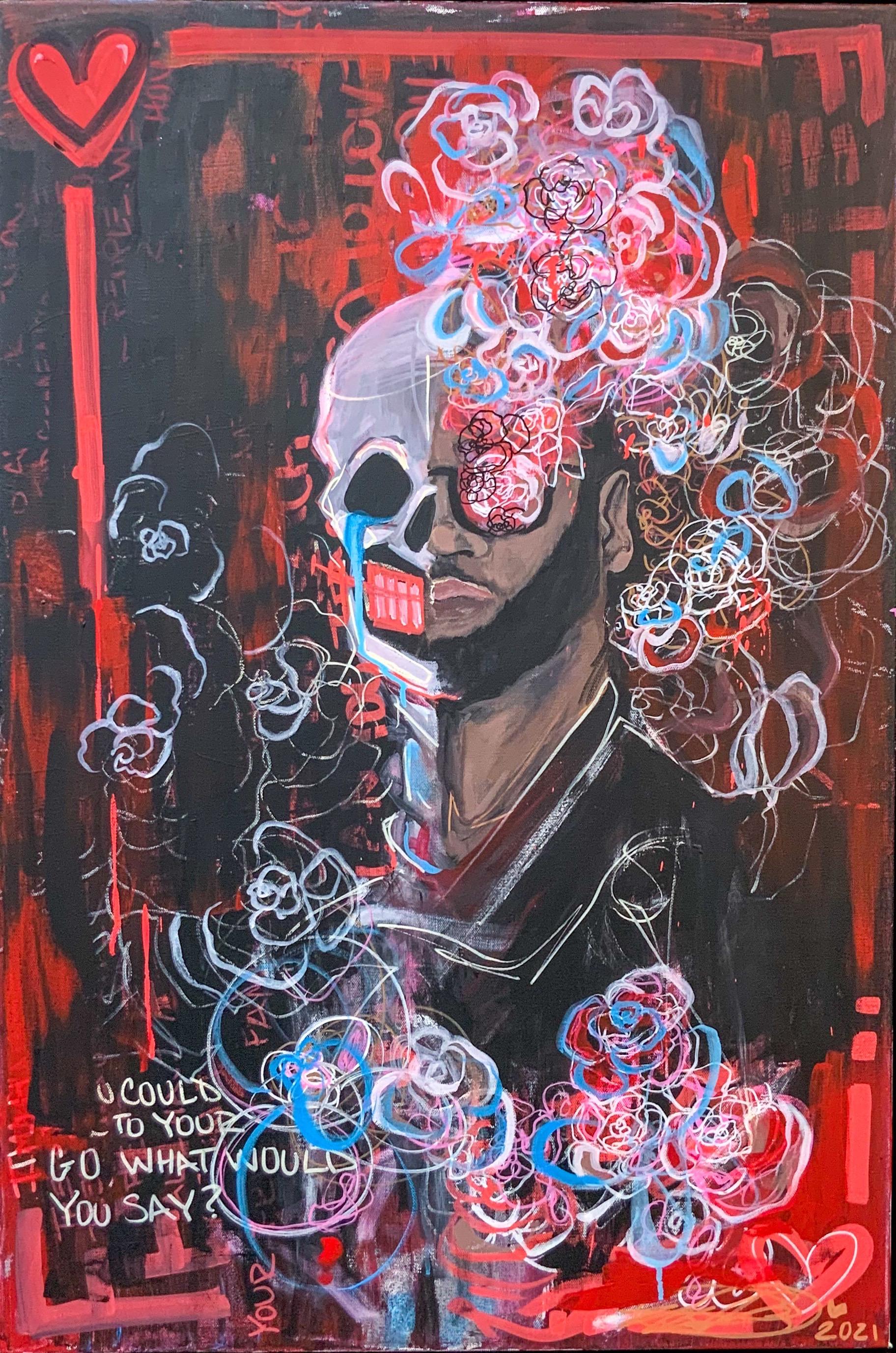 Makayla Binter  Abstract Painting - 8 of Hearts- Red Tone Abstract Street Art Portrait on Canvas in Frame 