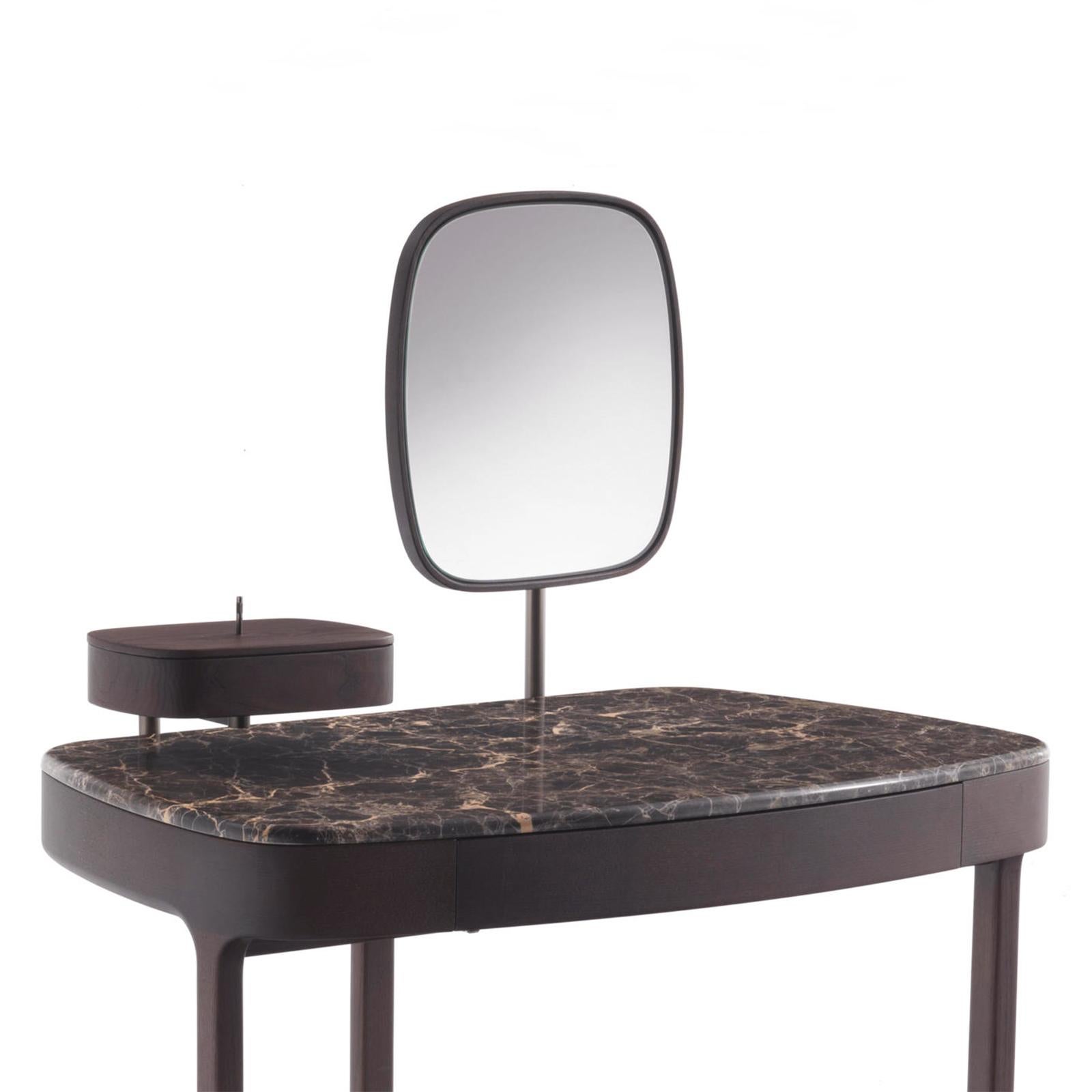 Coiffeuse and Stool Make-up Ash Stained Set with structures in solid
ash wood in moka stained finish for the coiffeuse, stool, mirror and drawers.
With top in emperador polished marble. Coiffeuse mirror glass with solid ash 
wood frame in moka