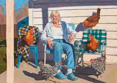 "Madre del gregge" ritratto realistico contemporaneo di donna con galline