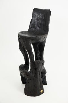 Sculptural Bar Chair, Solid Wood, Carved, Handmade, Charred, Black, Logniture