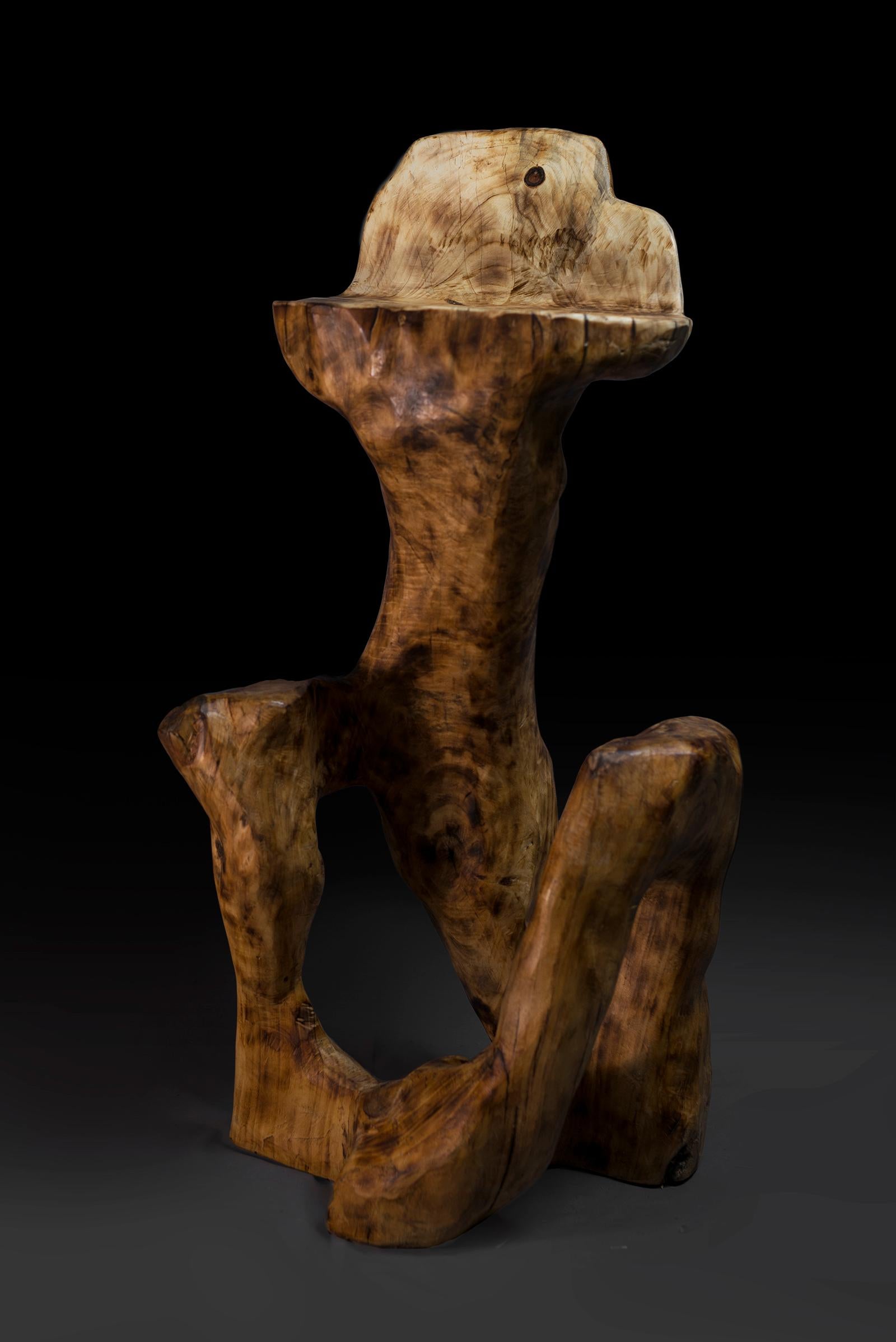 Brutalist Makha, Solid Wood Sculptural Bar Chair, Original Contemporary Design, Logniture For Sale
