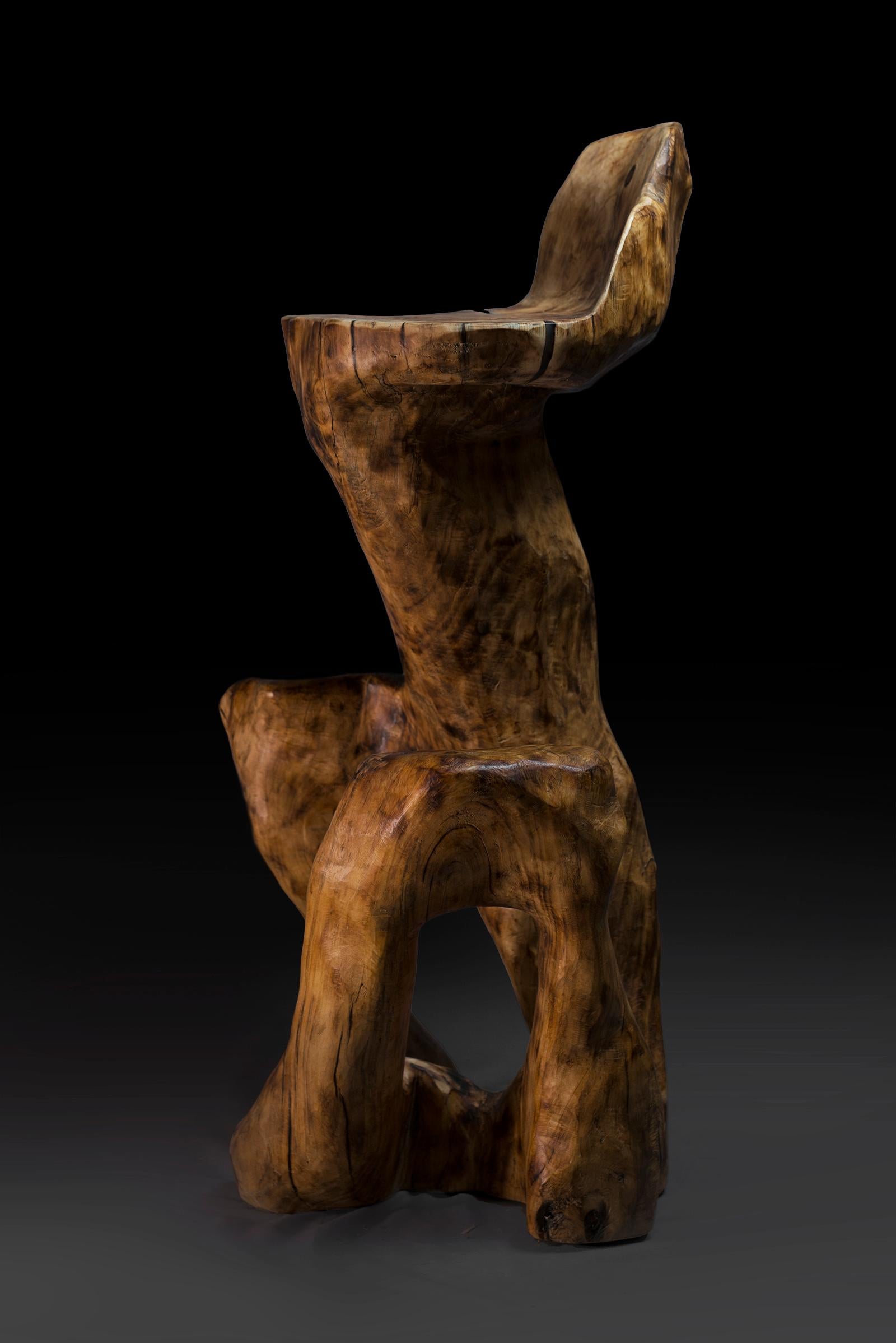 Makha, Skulpturaler Barstuhl aus Massivholz, Original zeitgenössisches Design, Logniture (Geschnitzt) im Angebot