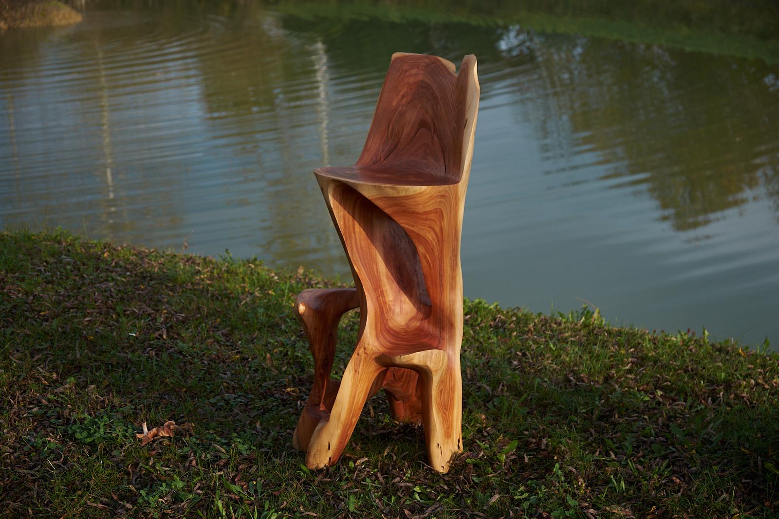 Carved Makha, Solid Wood Sculptural Bar Chair, Original Contemporary Design, Logniture For Sale