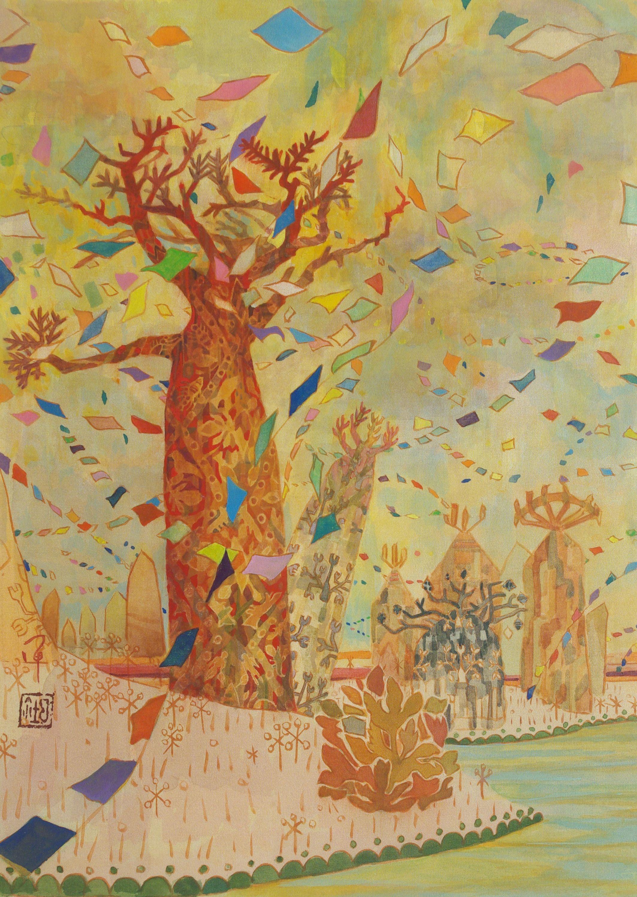 Peinture de paysage japonaise « 2000 Years Old » avec pigments sur arbre de nature baobab en soie en vente 1