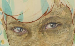 « À l'arrêt d'autobus »  Peinture figurative soie sourire gentillesse chaleur fille