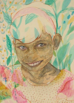 "Alla fermata dell'autobus"  pittura figurativa pigmenti seta sorriso gentilezza calore ragazza