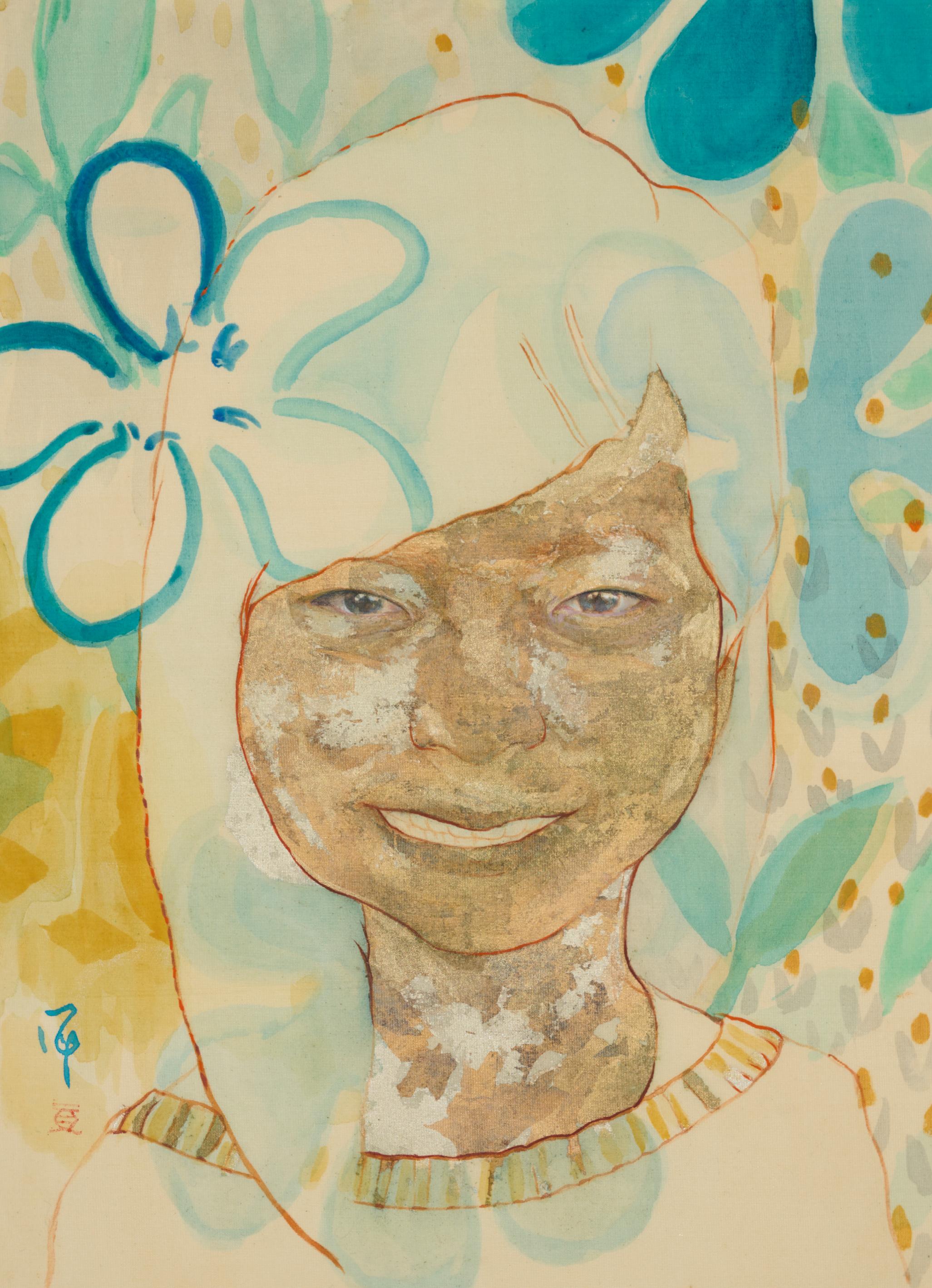 "Non dimenticarmi"  pittura figurativa pigmenti su seta sorriso gentilezza calore ragazza
