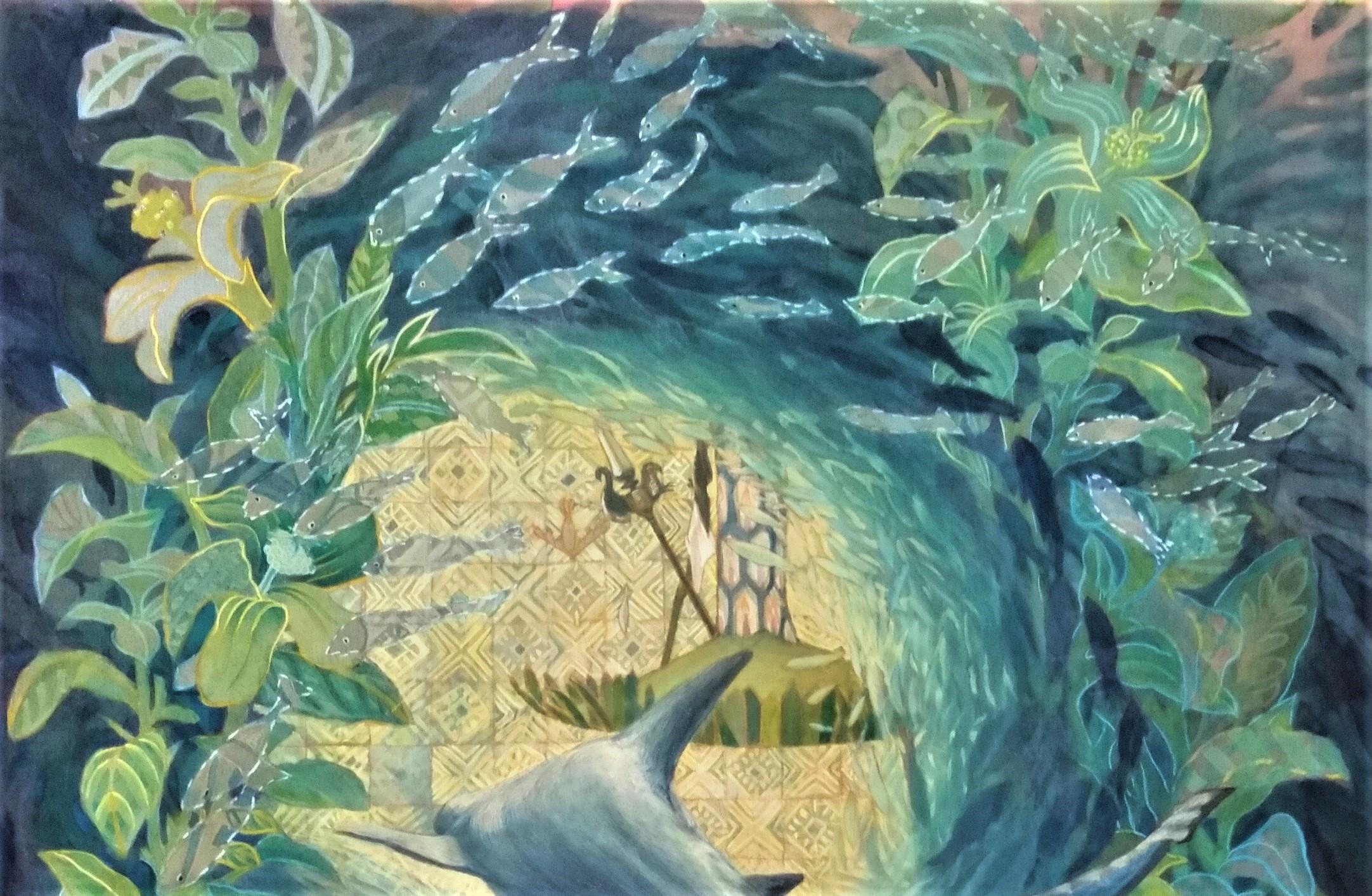 « In a Forest of Fishes », peinture japonaise de paysage marin aux pigments de soie sur la paix de la mer  en vente 1