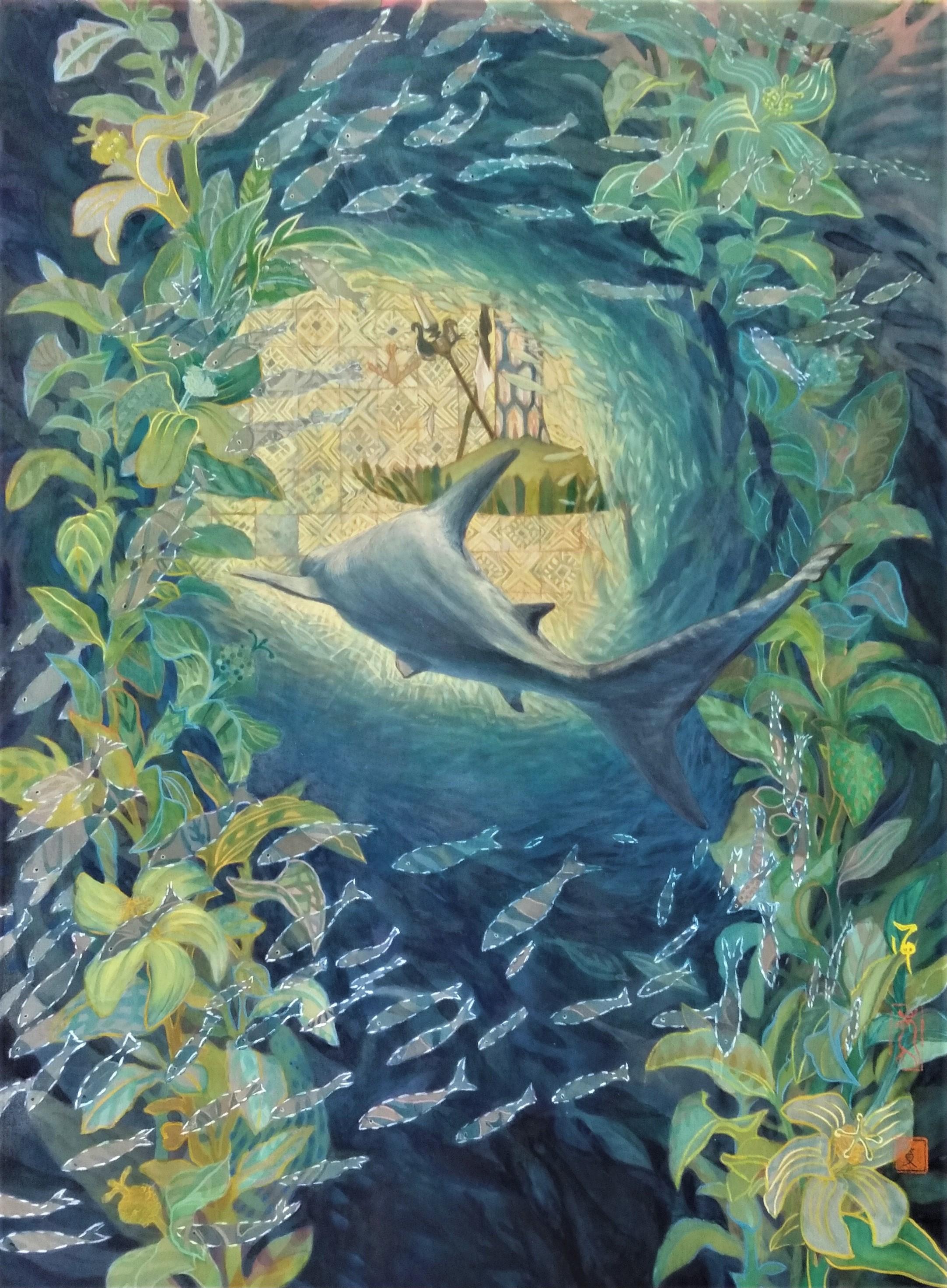 Landscape Painting Maki Kuchida - « In a Forest of Fishes », peinture japonaise de paysage marin aux pigments de soie sur la paix de la mer 