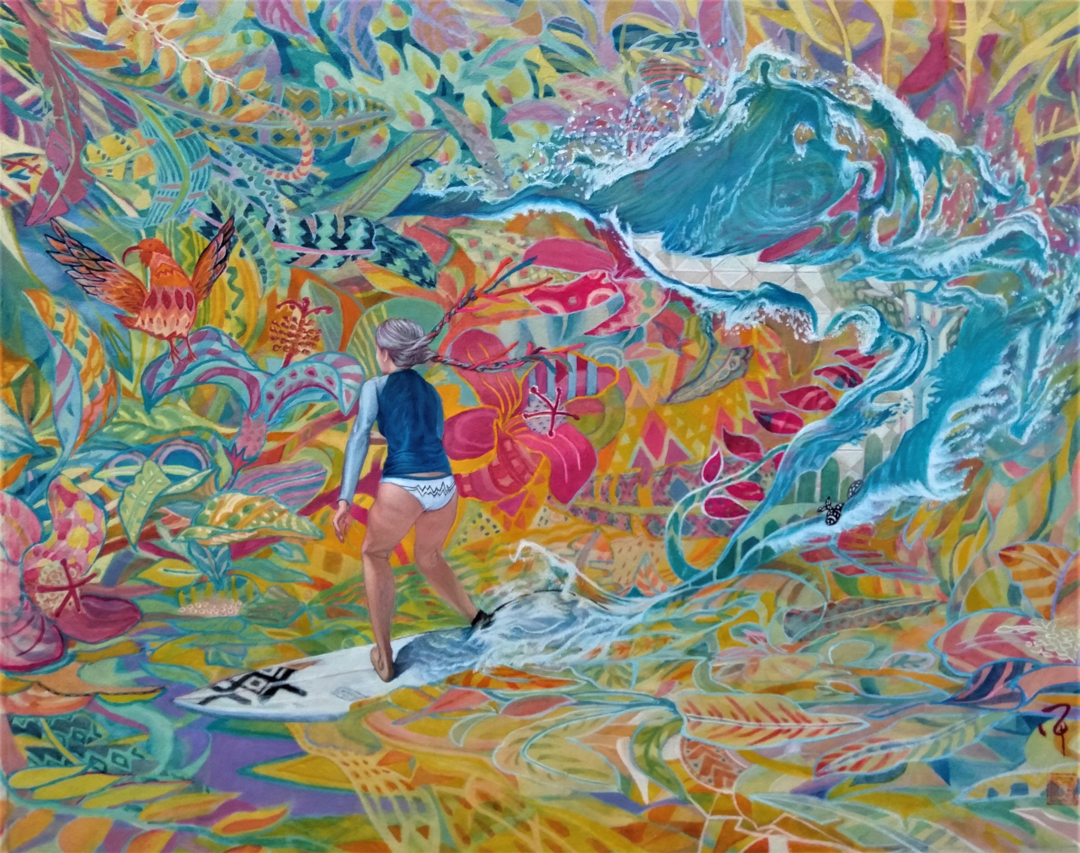Maki Kuchida Landscape Painting - "Into the Current Colors"Japanese figurative painting pigments on silk surfing 