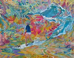 "Into the Current Colors"Japanese figurative painting pigments on silk surfing 