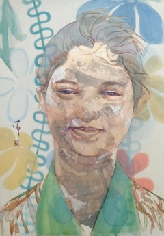 "Cuello Verde Hoja " pintura figurativa pigmentos seda sonrisa amabilidad calidez