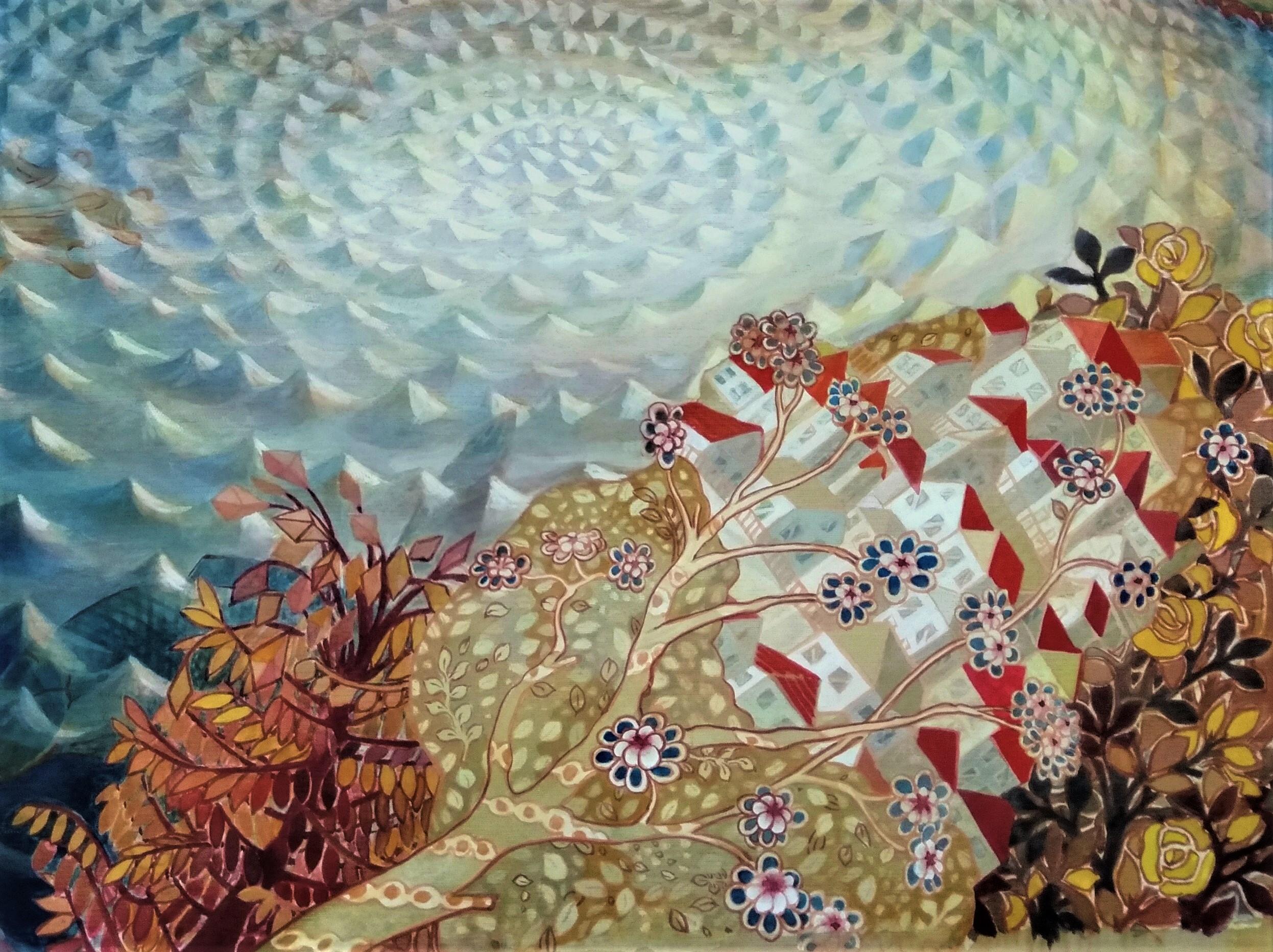 Morning of the Cove is 2023 work of Maki Kuchida. It's Maki's signature landscape work with rich and pleasing colors.

The painted size of the work is approx. 35x25cm, while the framed size is approx. 50x40 cm. It is framed with archival grade