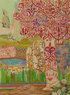 "Pastoral" contemporary Japanese landscape painting mineral pigments on silk