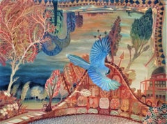 "Planet with the Sunset " Japanese landscape painting pigments on silk nature