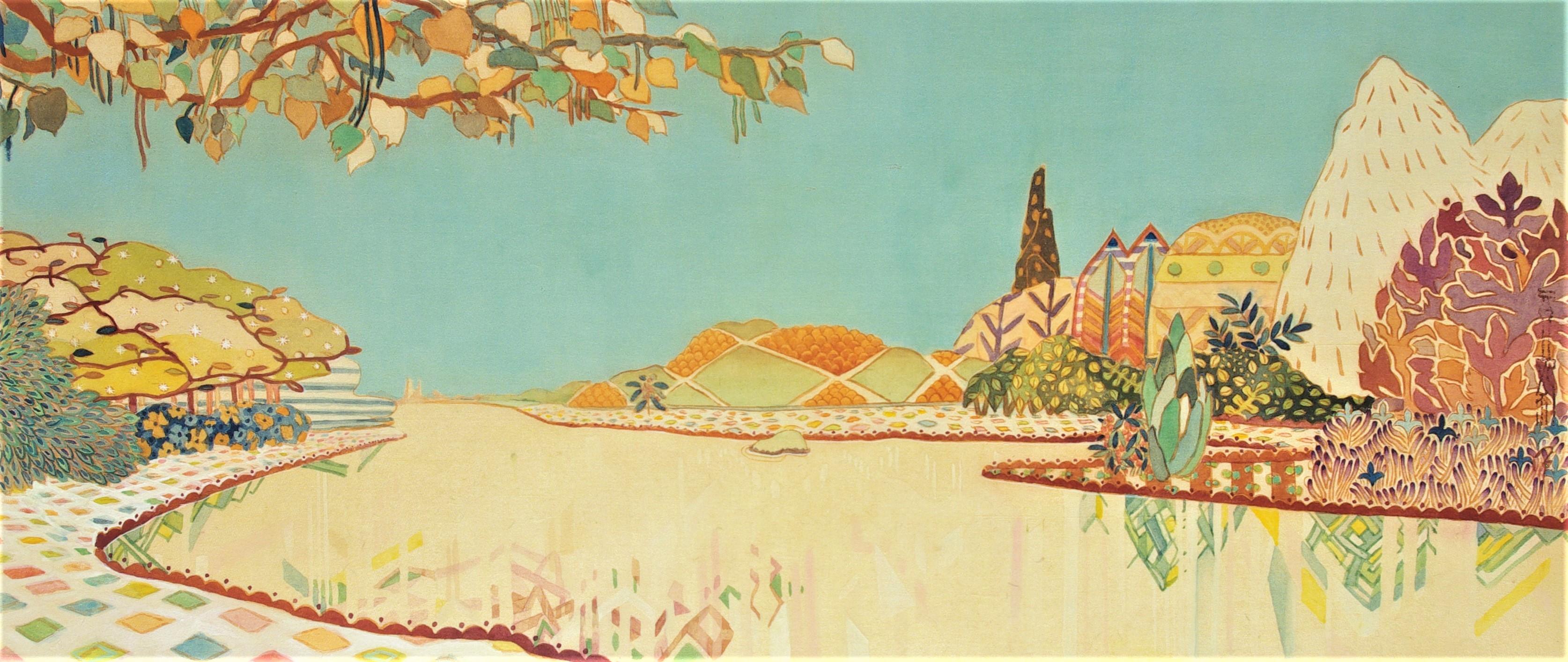 Maki Kuchida Landscape Painting - "Riverside" Japanese landscape painting mineral pigments on silk nature skyblue 