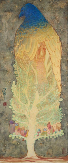 "Separate Me from the Earth" Japanese figurative silk painting birds love peace