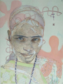 "Silver Alice Band " pittura figurativa pigmenti seta sorriso gentilezza calore
