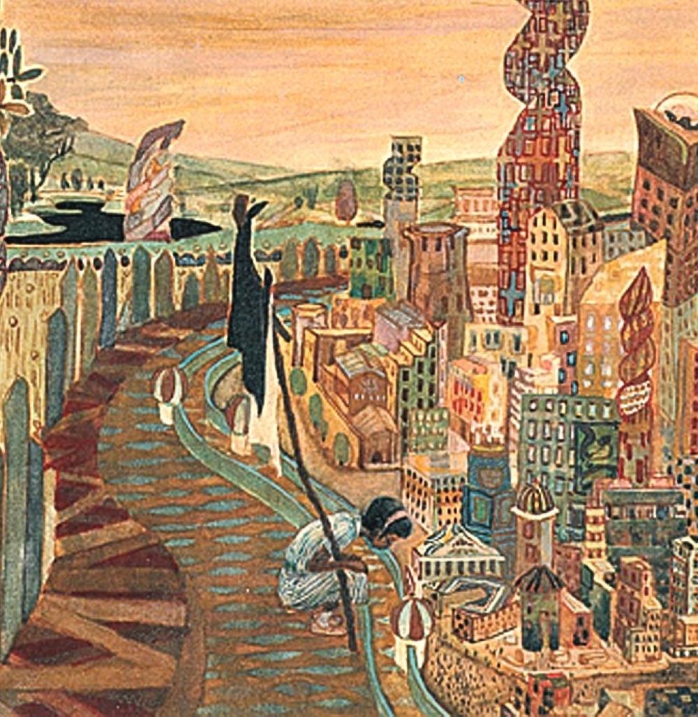 « La ville », peinture figurative en soie, aventure de courage de vie - Painting de Maki Kuchida