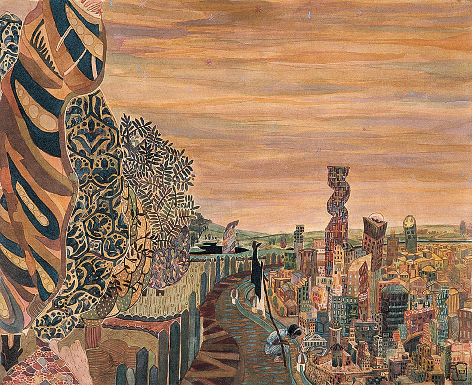 Landscape Painting Maki Kuchida - « La ville », peinture figurative en soie, aventure de courage de vie