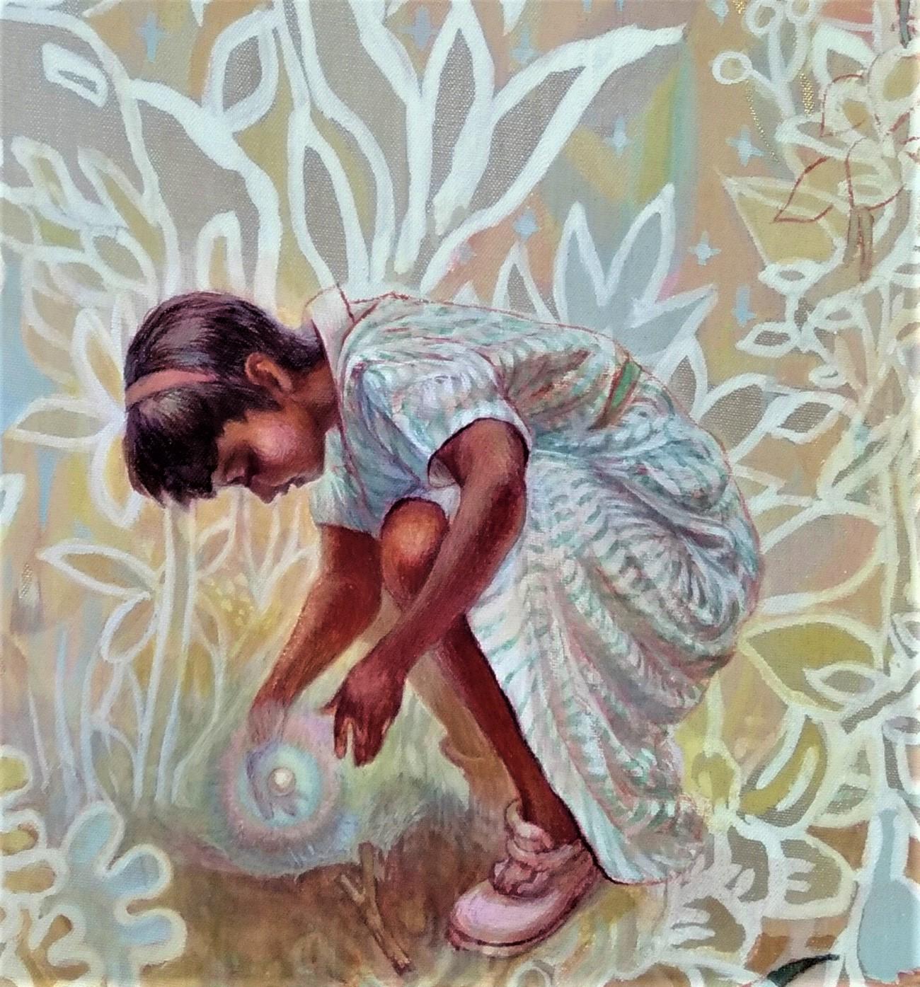 « The Seed », peinture figurative japonaise aux pigments sur soie, découverte d'une vraie fille - Contemporain Painting par Maki Kuchida