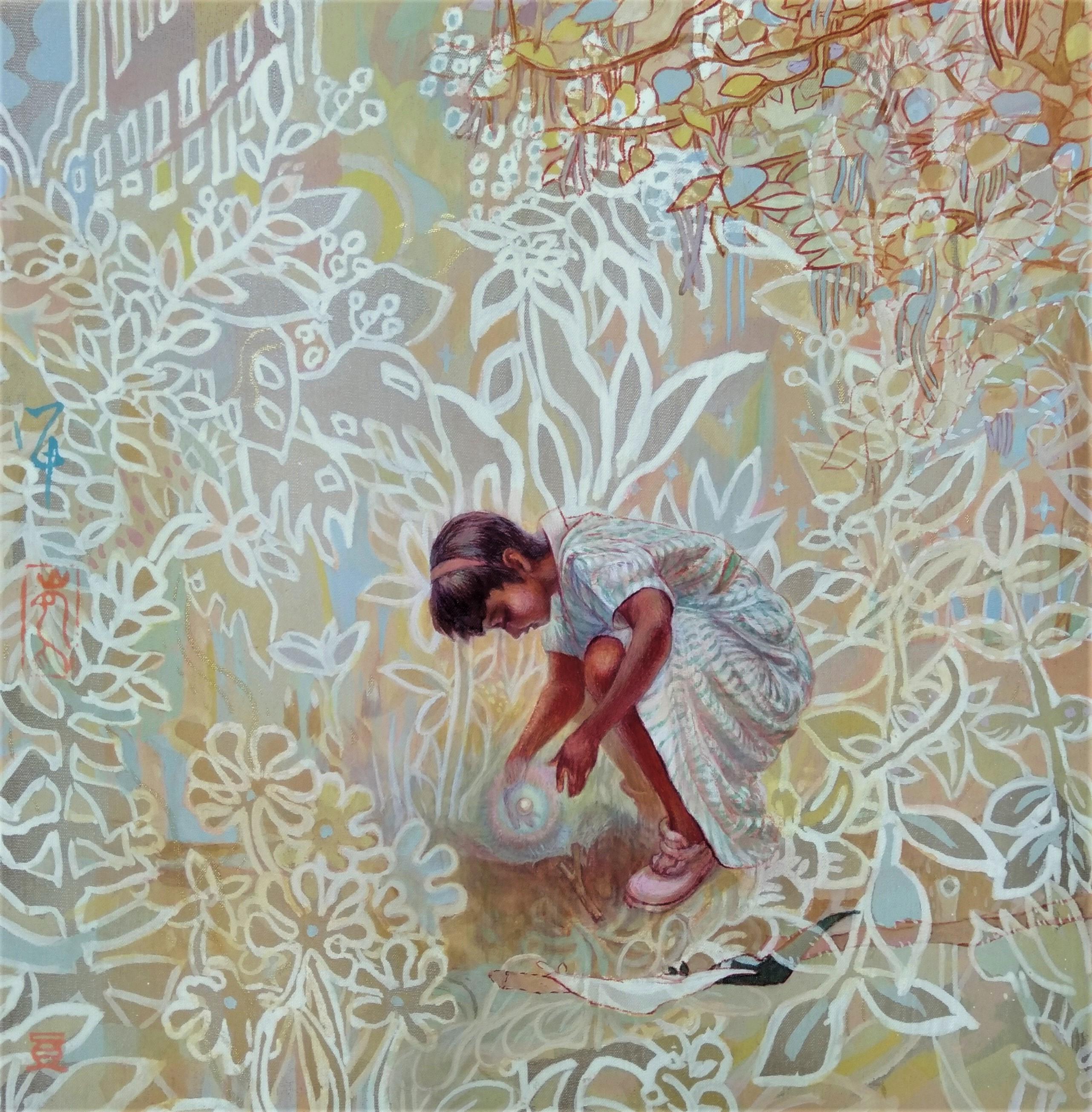 Landscape Painting Maki Kuchida - « The Seed », peinture figurative japonaise aux pigments sur soie, découverte d'une vraie fille