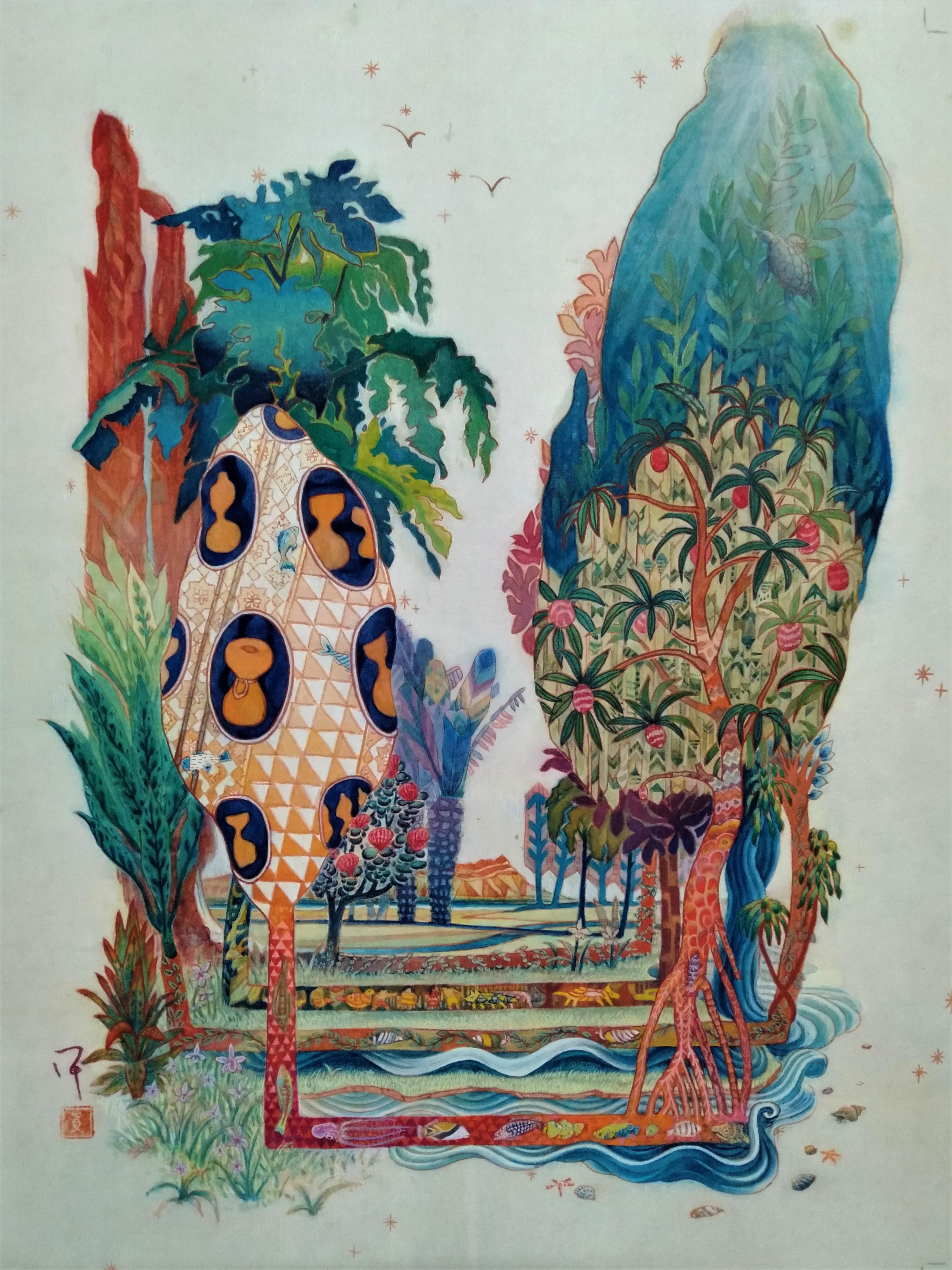 Landscape Painting Maki Kuchida - « Tree of Ipu », peinture de paysage japonaise aux pigments de la nature de la soie aux couleurs de l'Hawaï